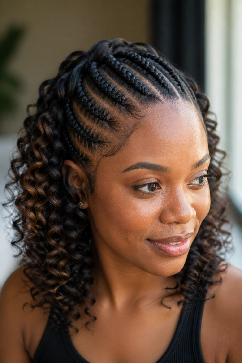 Portrait of a person with front cornrows and curled back demonstrating the style