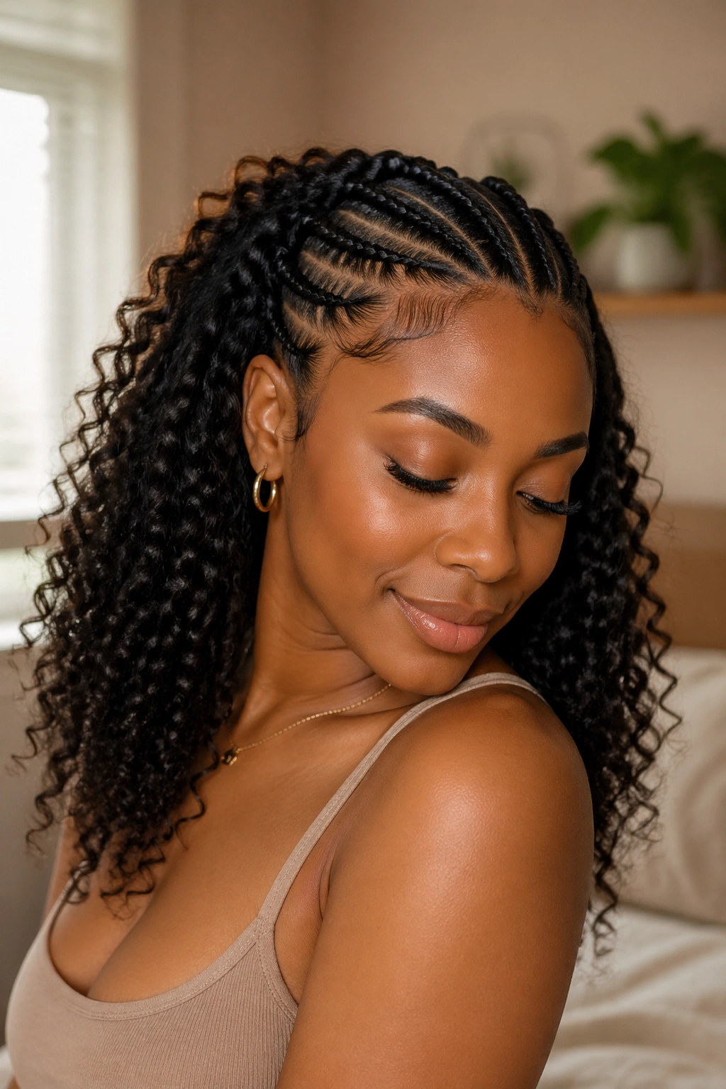 Portrait of a woman showing front cornrows and back curls illustrating the combo