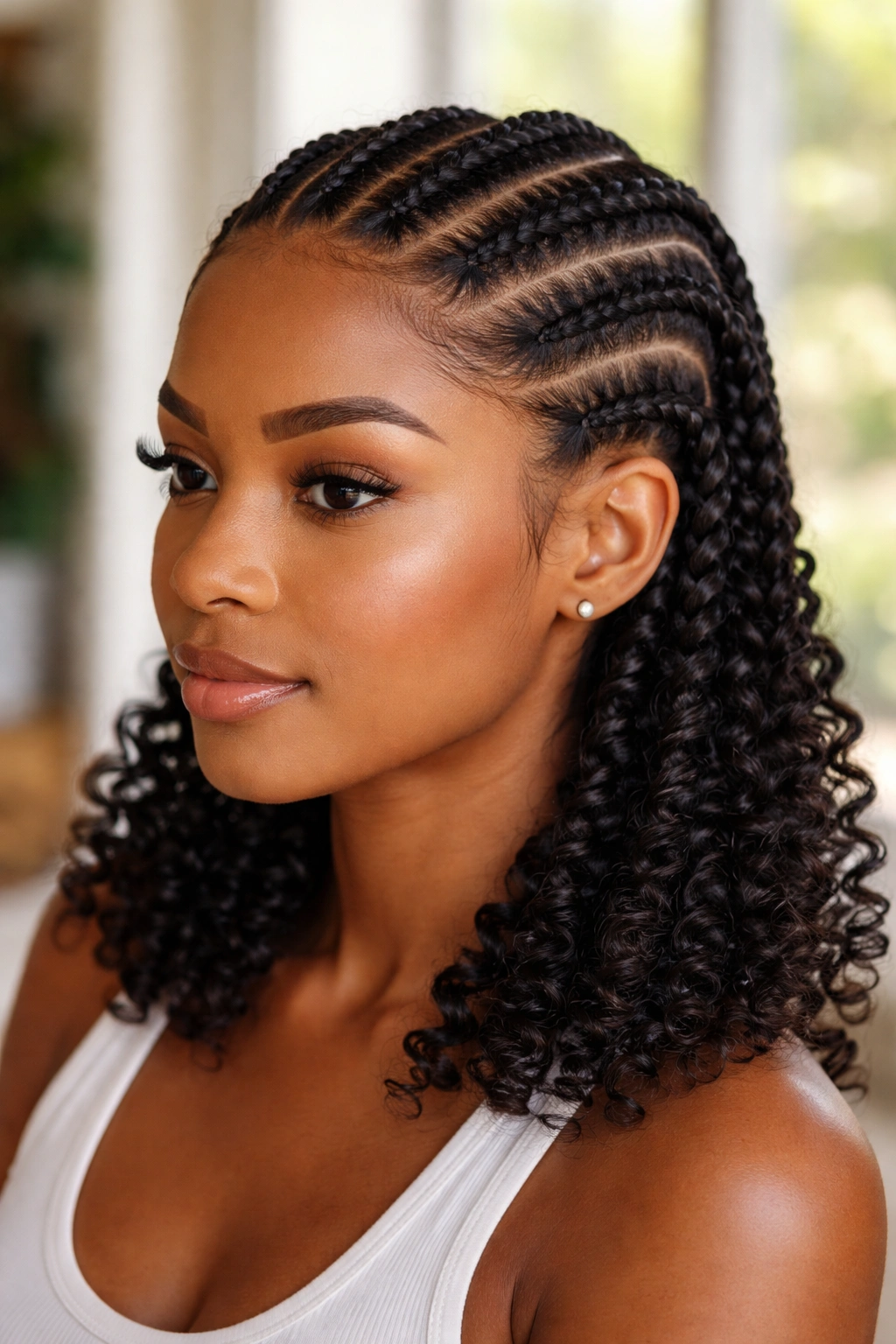Close-up of a real person with six cornrows ending in defined curls