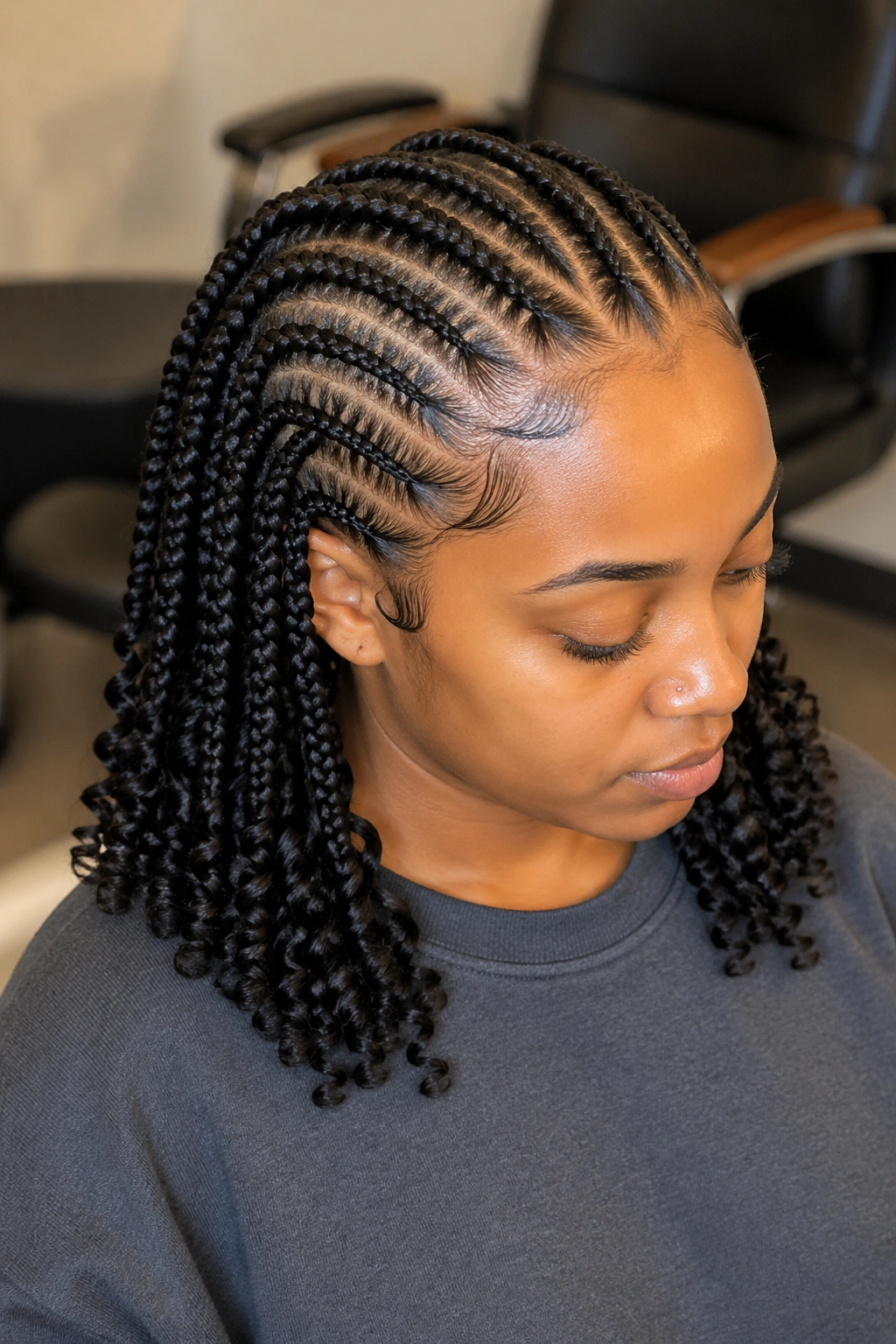 Close-up of real person with cornrows ending in curled box braid ends in a warm salon setting