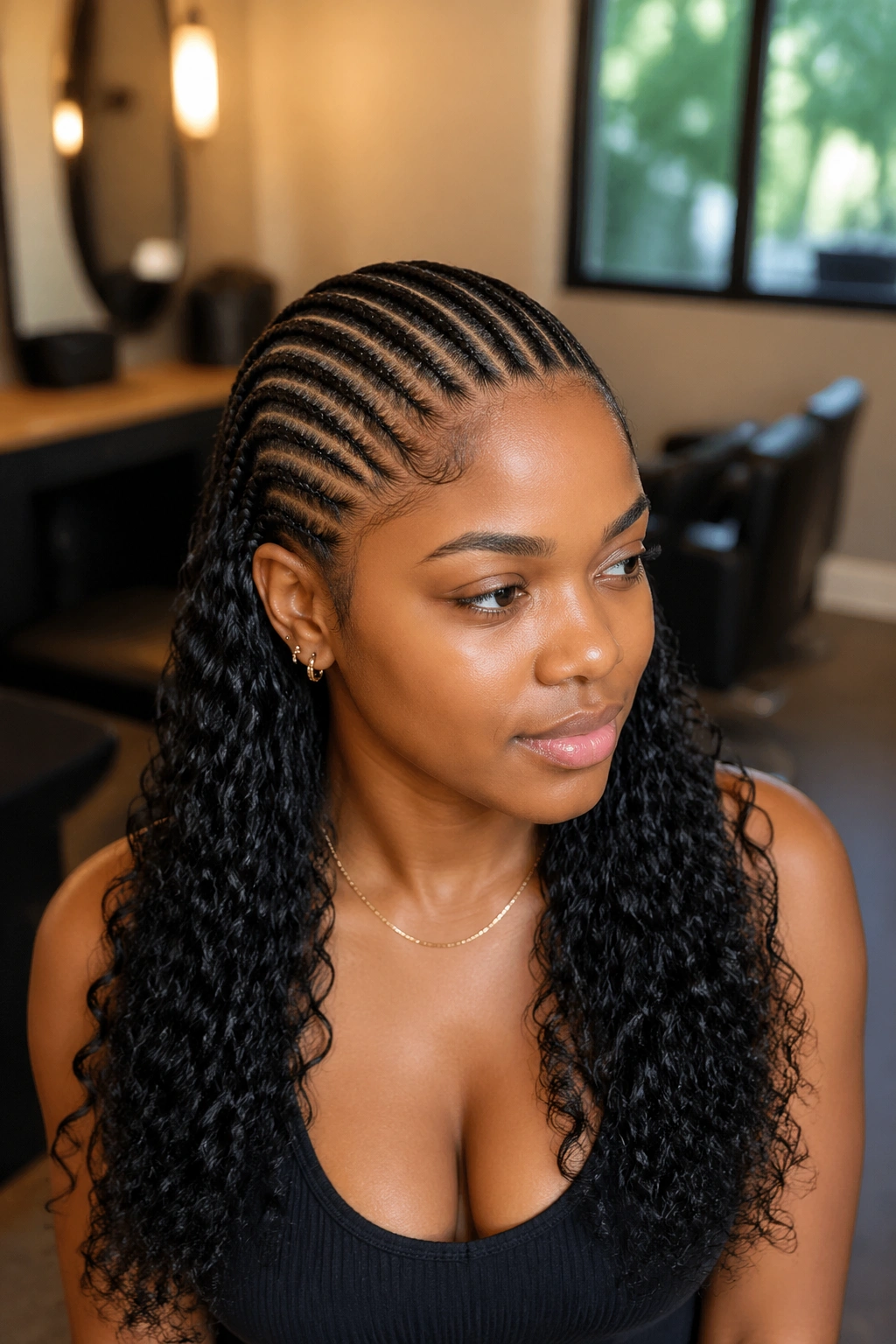 Close-up of cornrows transitioning into curls on a real person