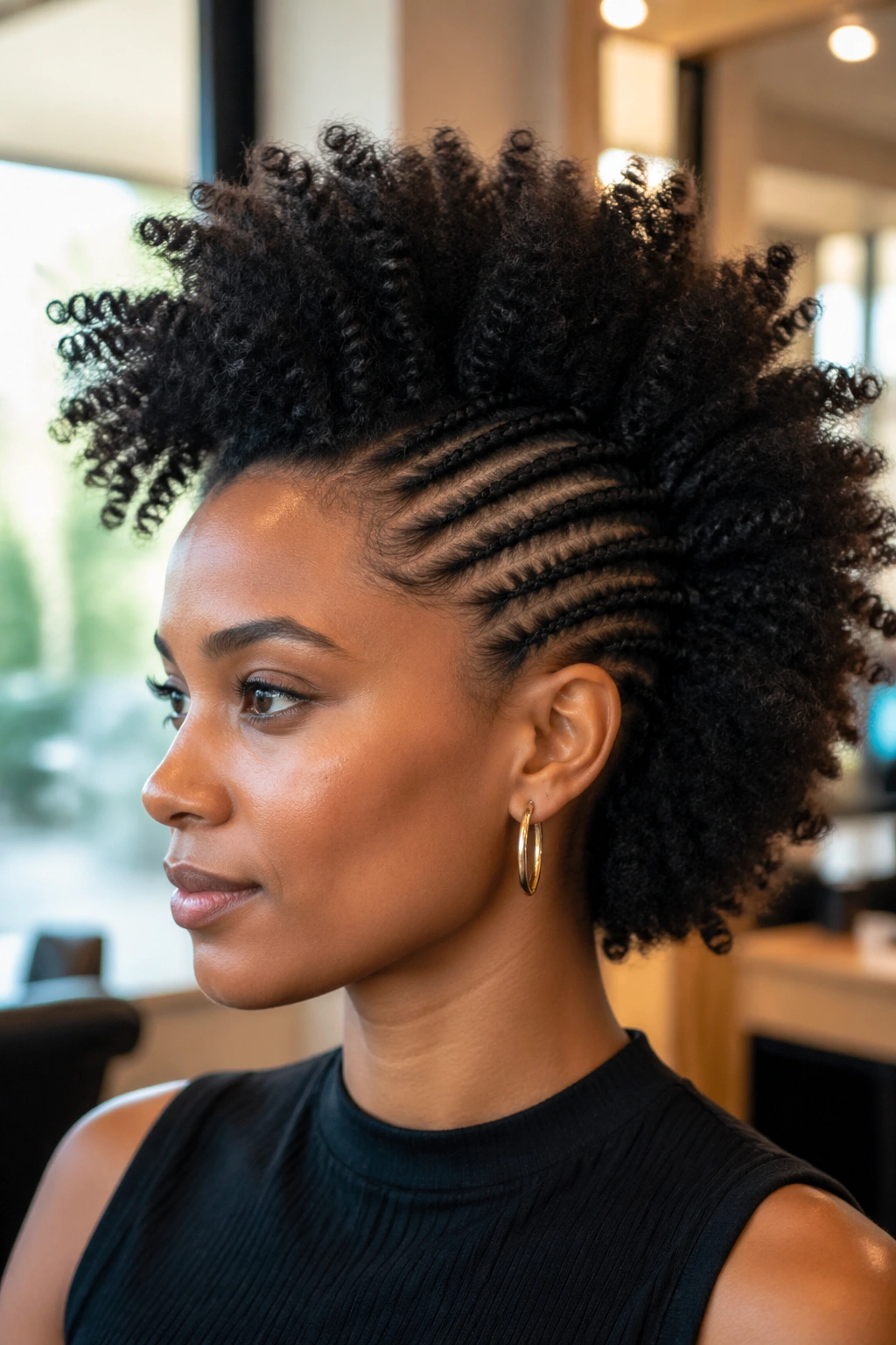 Close-up of Cornrow Sides With Natural Curl Mohawk on a real person, showing cornrows and a curly center Mohawk.