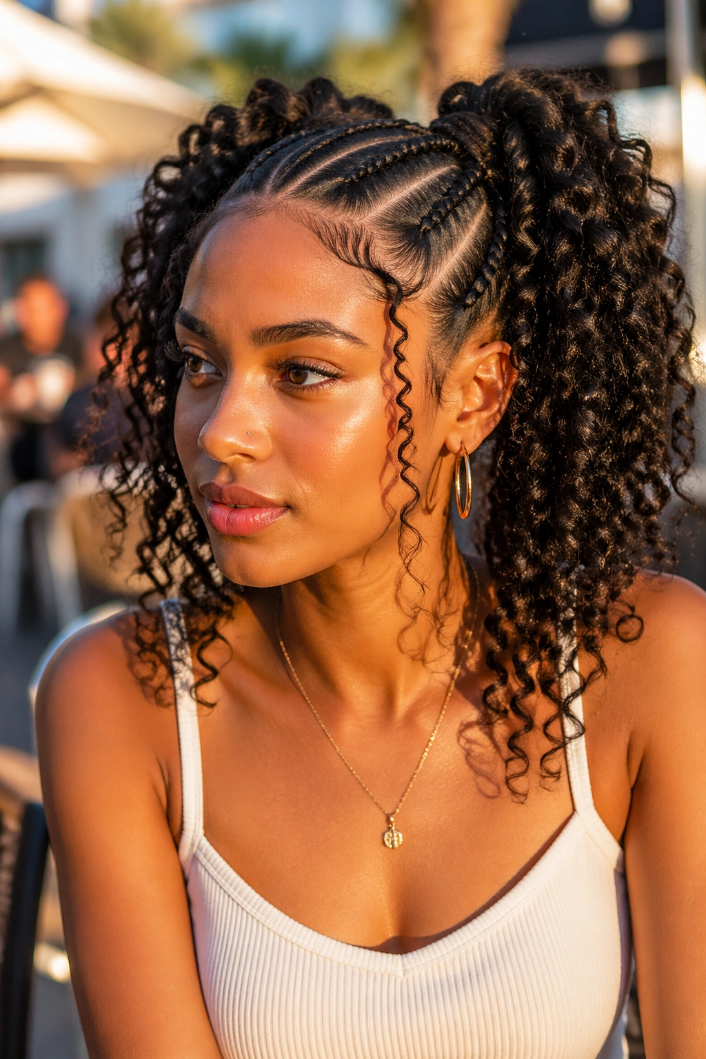 Close-up of a real woman with two high cornrow braids forming curled ponytails in a golden-hour outdoor setting.