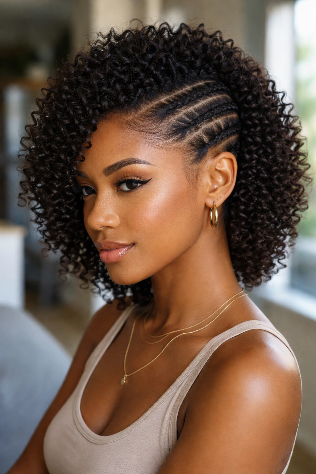 Close-up portrait of a real person with side cornrows and defined curls on top