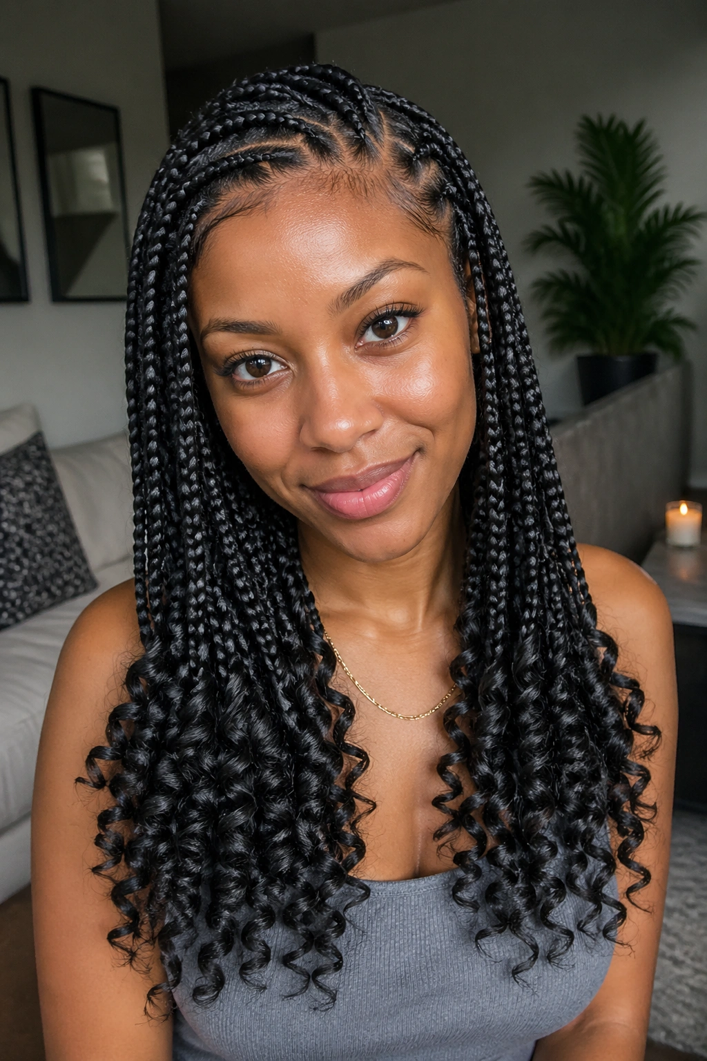 Portrait of a real woman with cornrows and curly-ended box braids