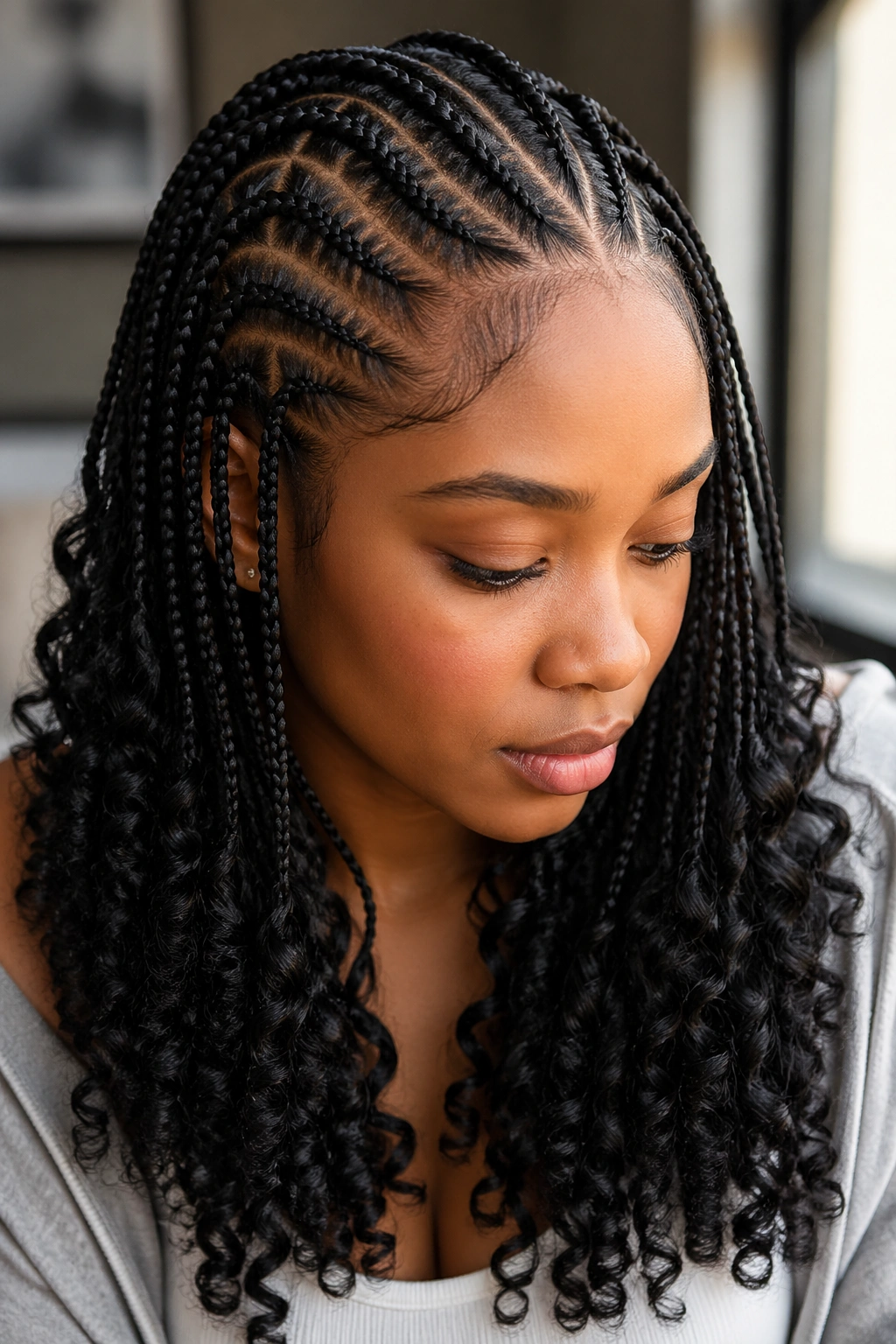 Cornrows transitioning into curly-ended individual braids on a real person's head.