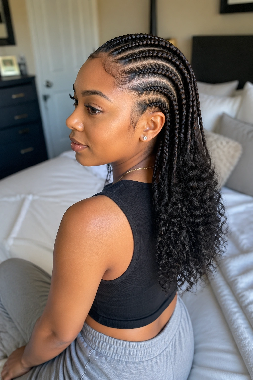 Close-up of cornrows with curly ends cascading to mid-back on a real person
