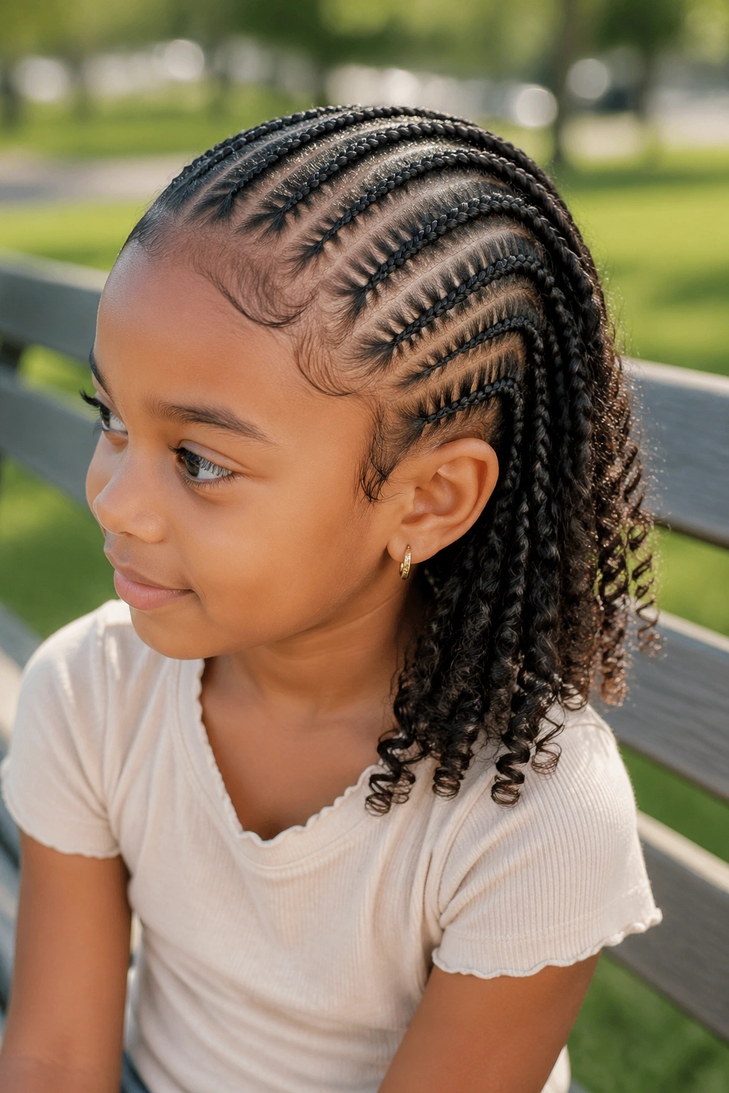 Child with cornrows on top and curly ends left out in a sunny outdoor setting.