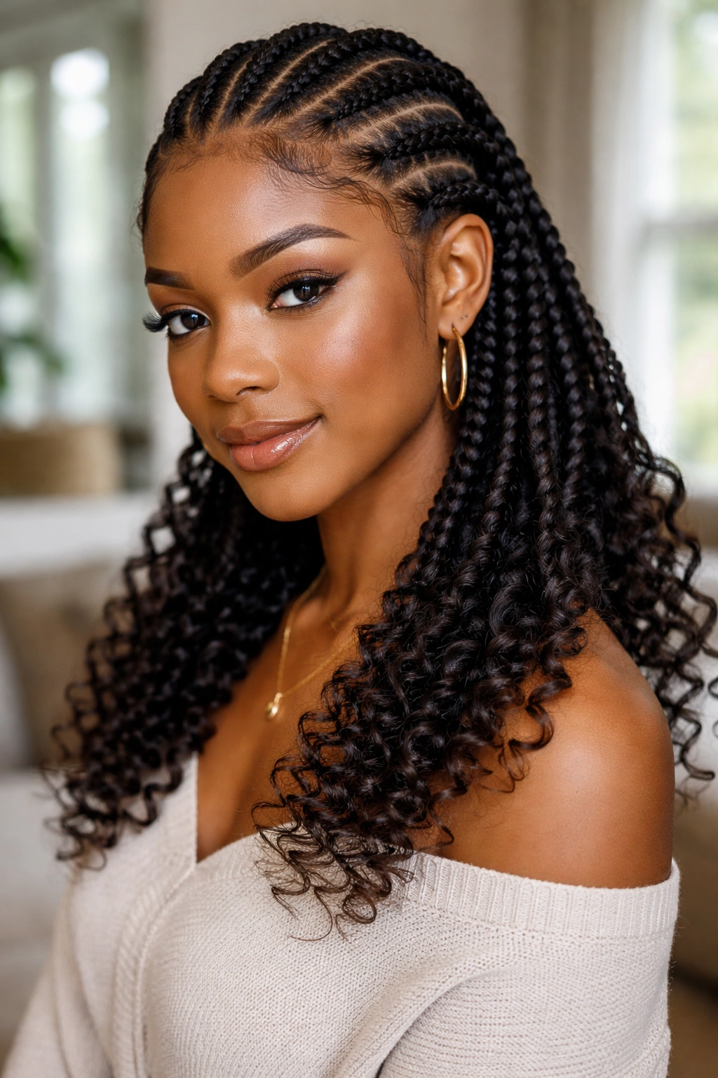 Close-up of a real person with cornrows ending in curly ends left out.
