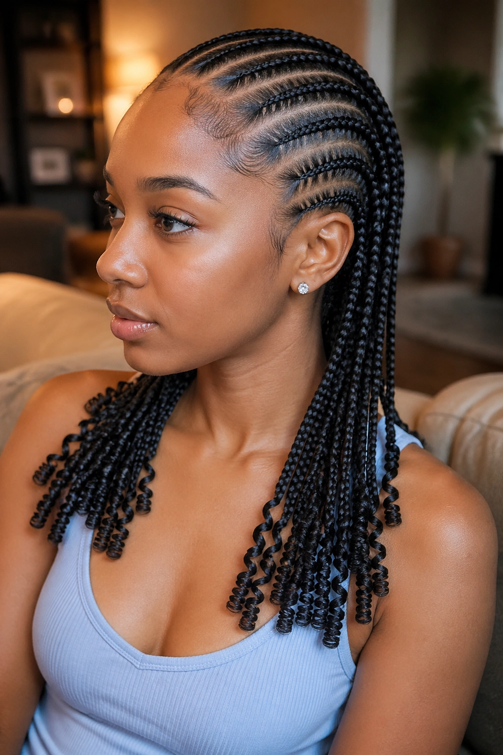 Close-up portrait of a real person with straight-back cornrows ending in curly ends.