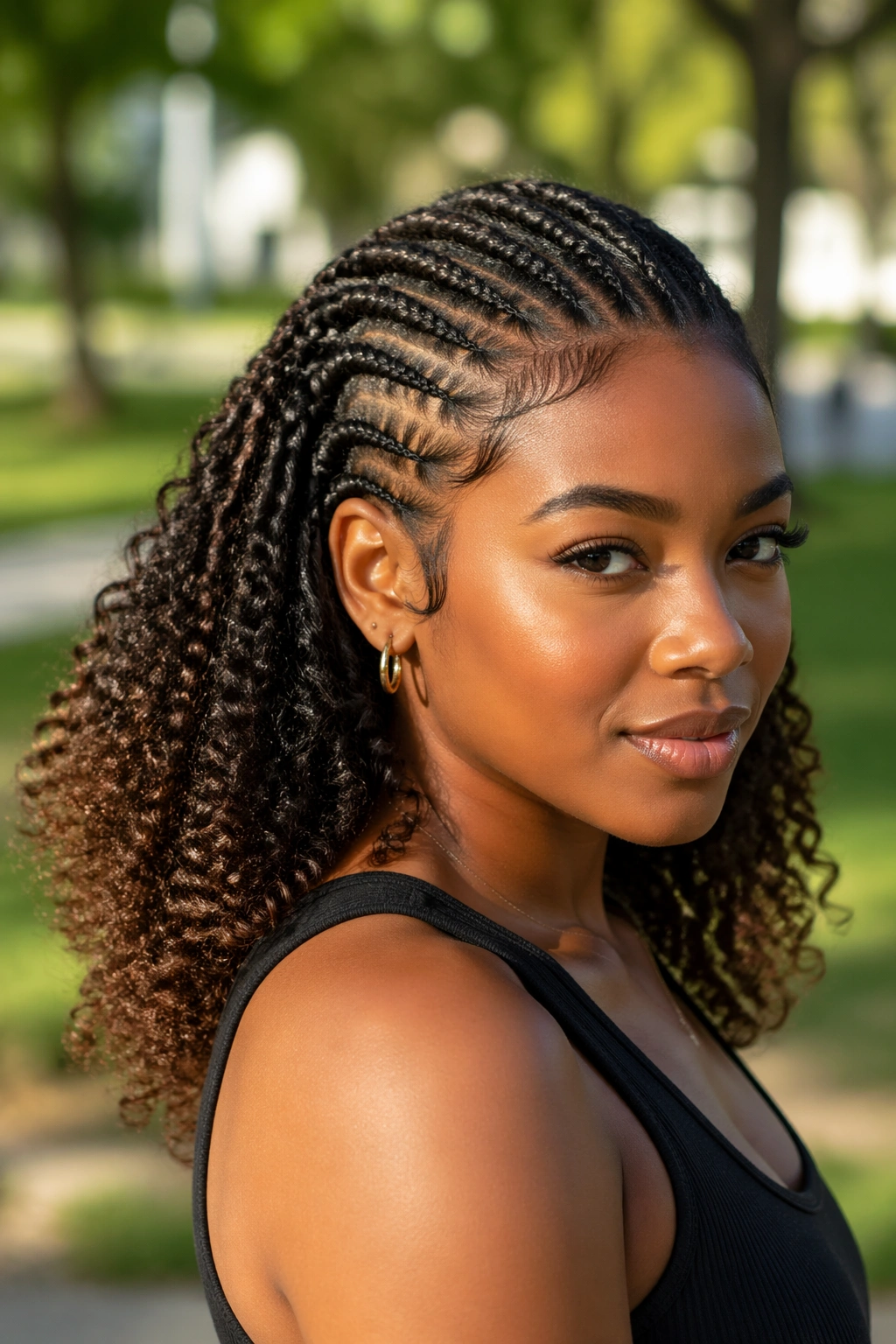 Medium close portrait of a real Black woman with cornrows and curly ends