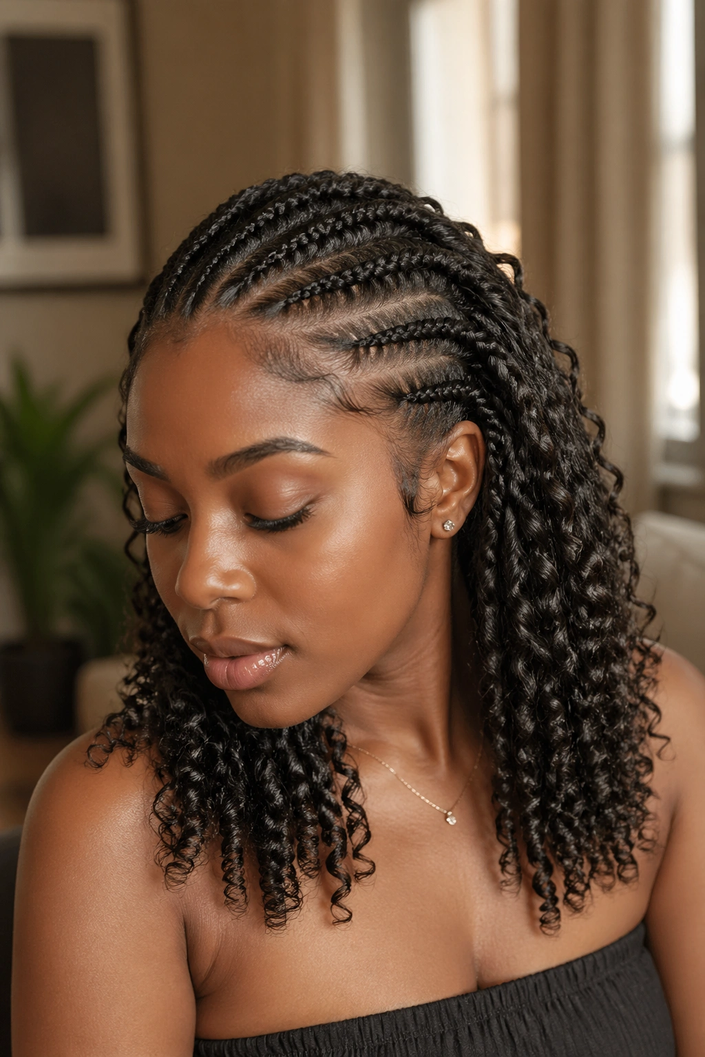 Close-up of a real person with cornrows ending in curly ends in warm natural light