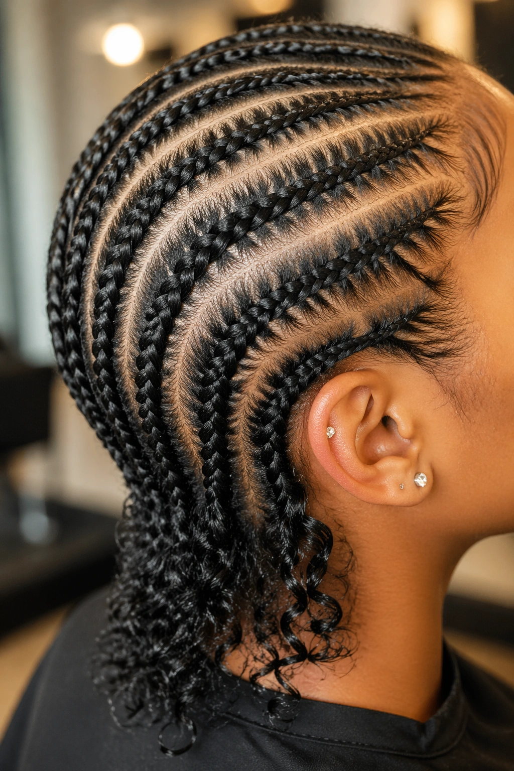 Close-up of straight-back cornrows with curly ends in a salon.
