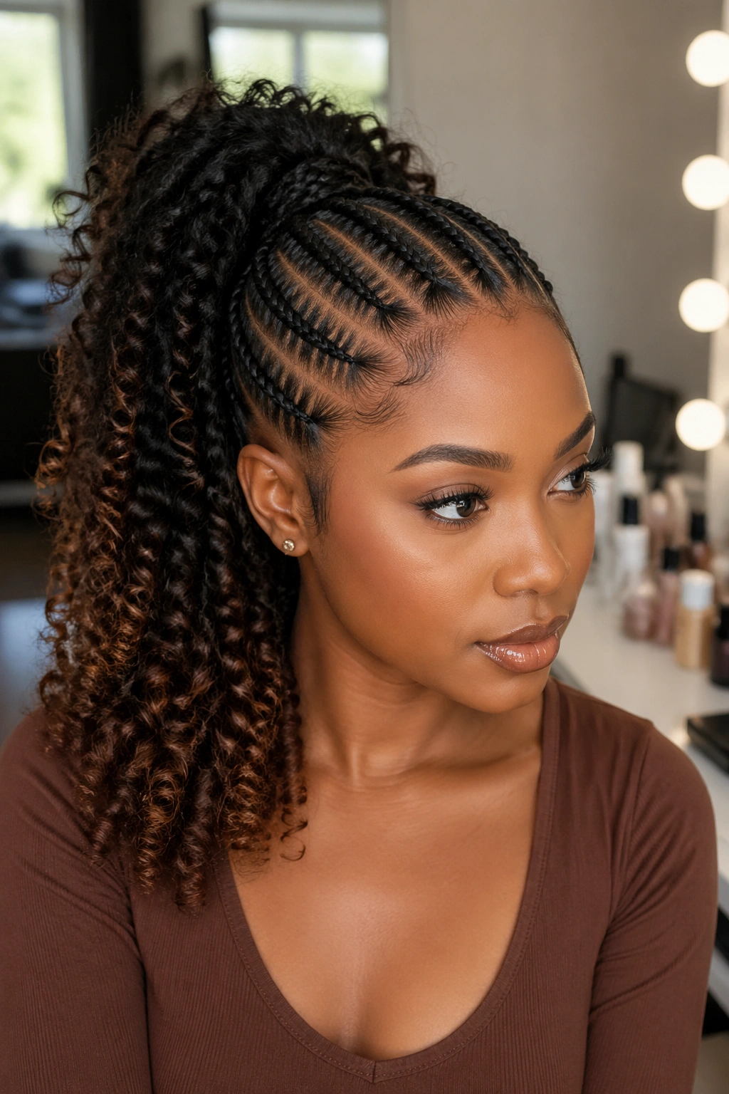 Real person with cornrows flowing into a curly ponytail in a dressing room.