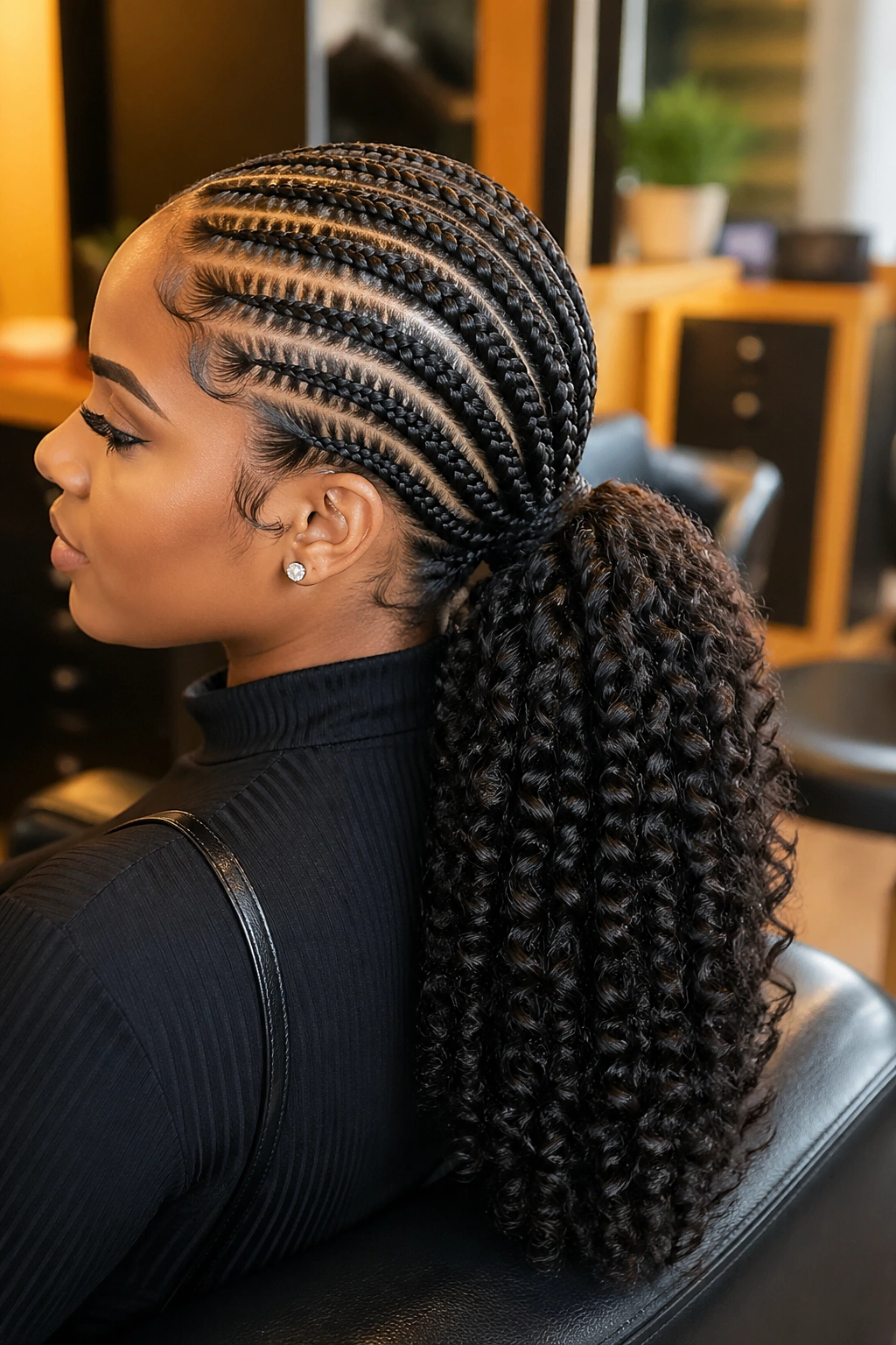 Close-up of cornrows leading to a curly ponytail on a real person