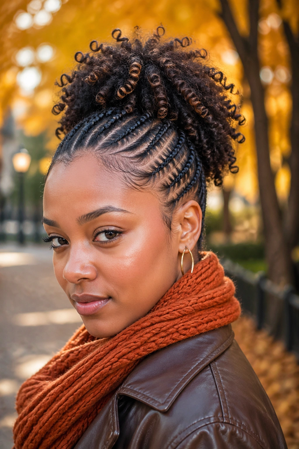 Close-up of a woman with cornrows and a curly puff in natural daylight