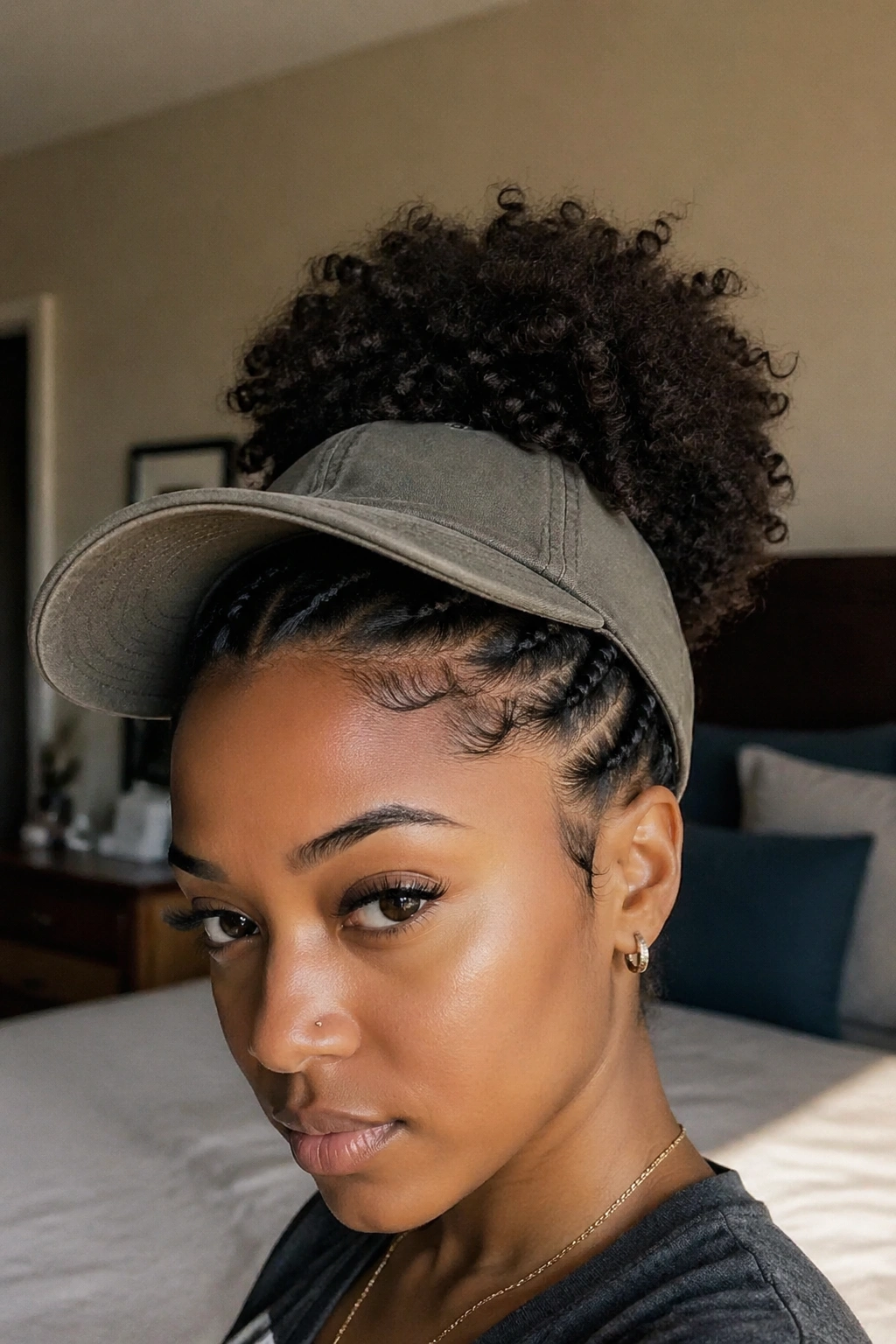 Close-up of a real person with cornrows and a curly puff under a cap.