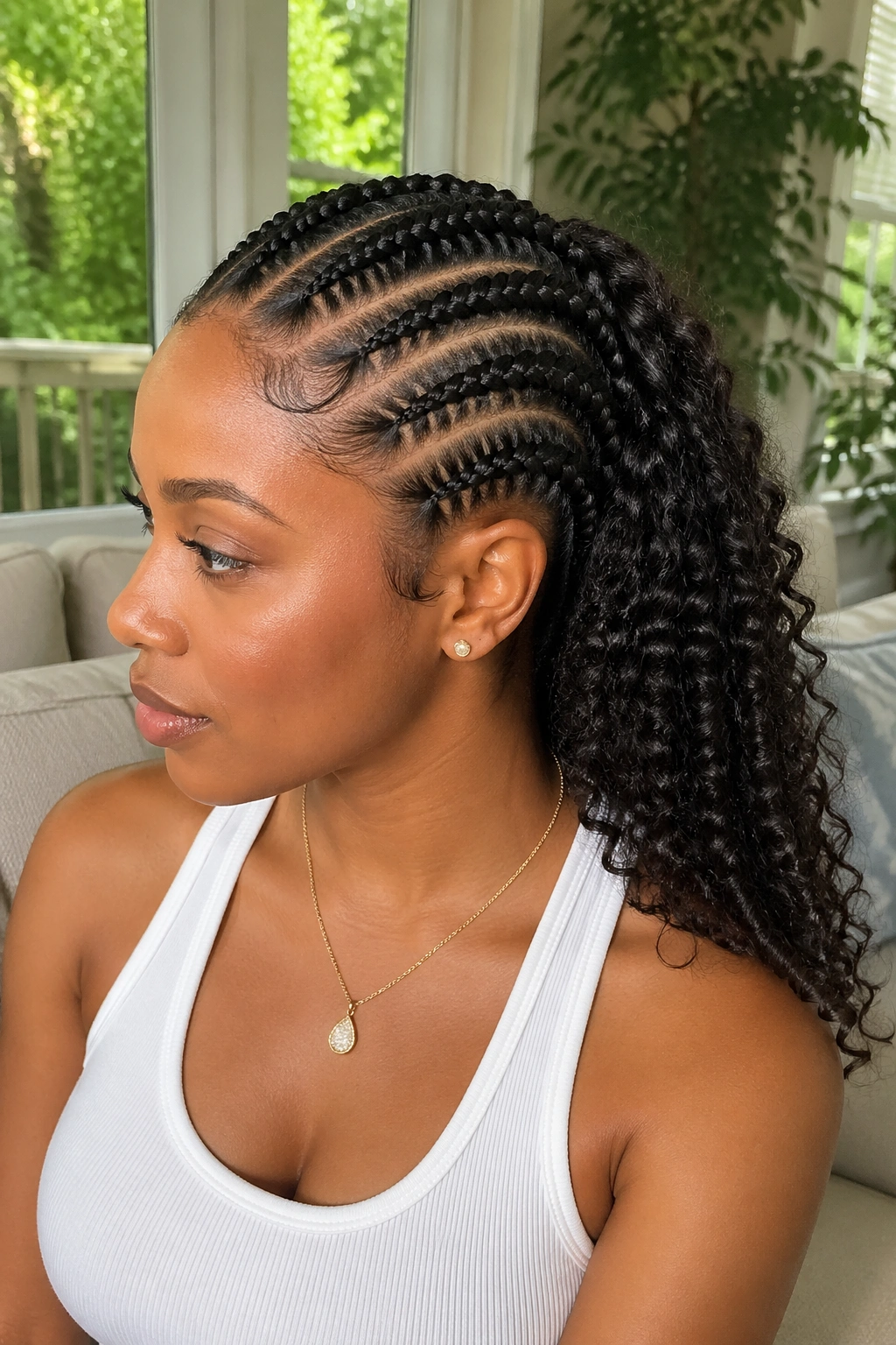 Profile of a real woman with cornrows ending in curls forming a curly tail