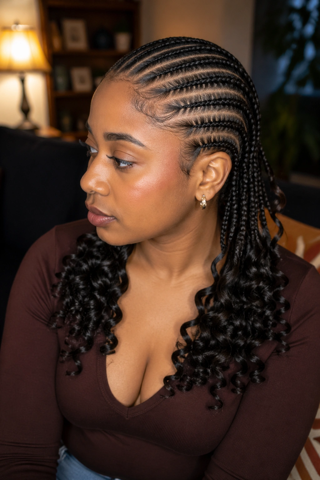 Close-up of straight-back cornrows with curled kanekalon tip extensions