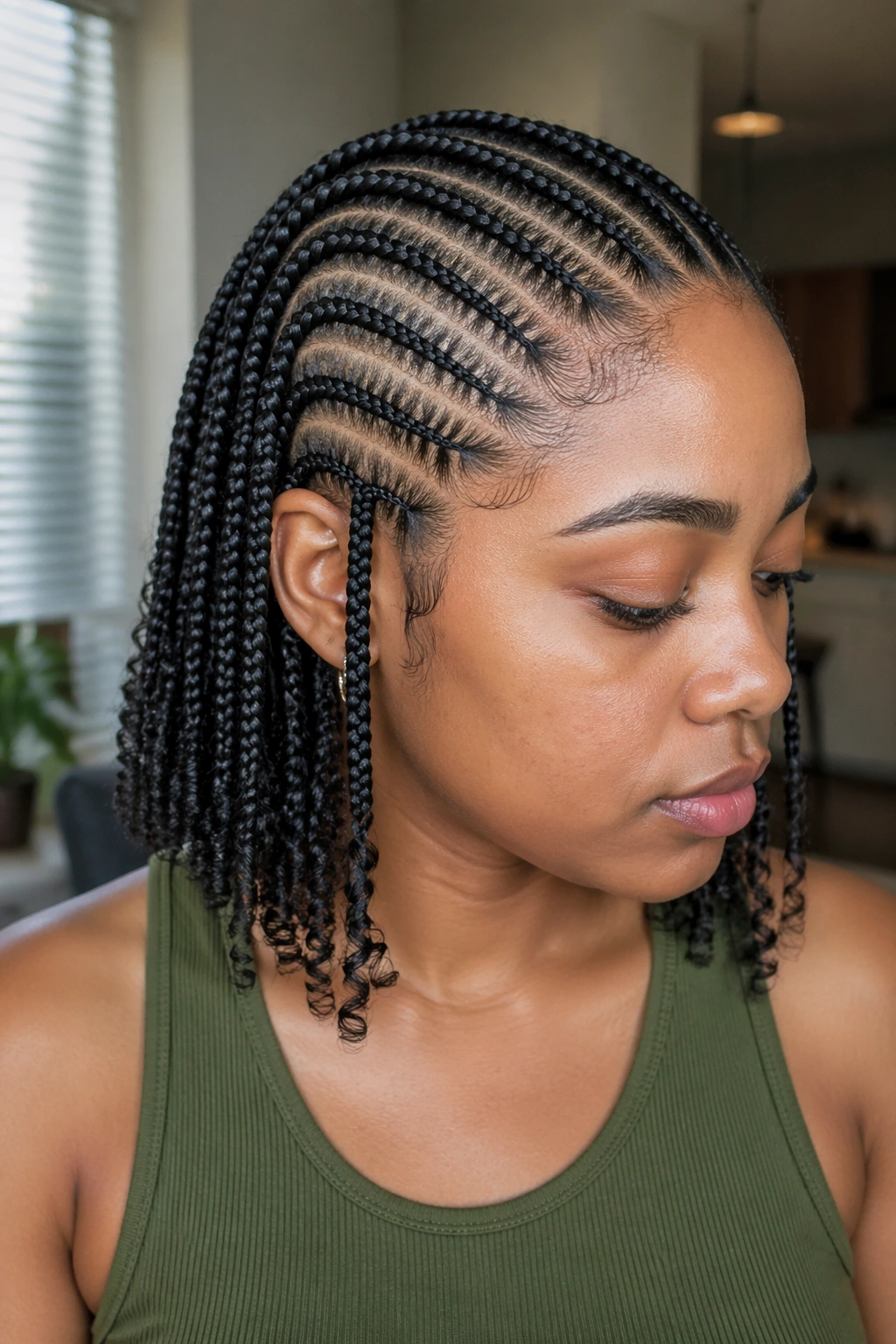 Close-up of cornrows curving into curls at the ends on a real person