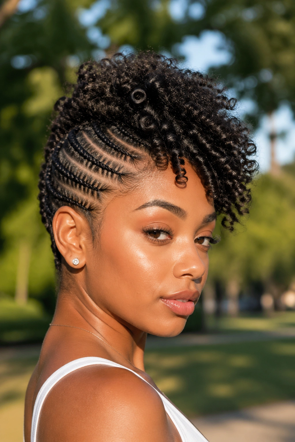 Close-up of a woman with cornrows on the sides and back and a curly crown.
