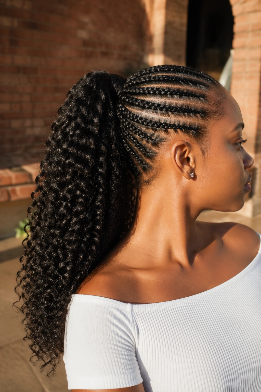 Close-up of a woman with a cornrow base and curly weave tail