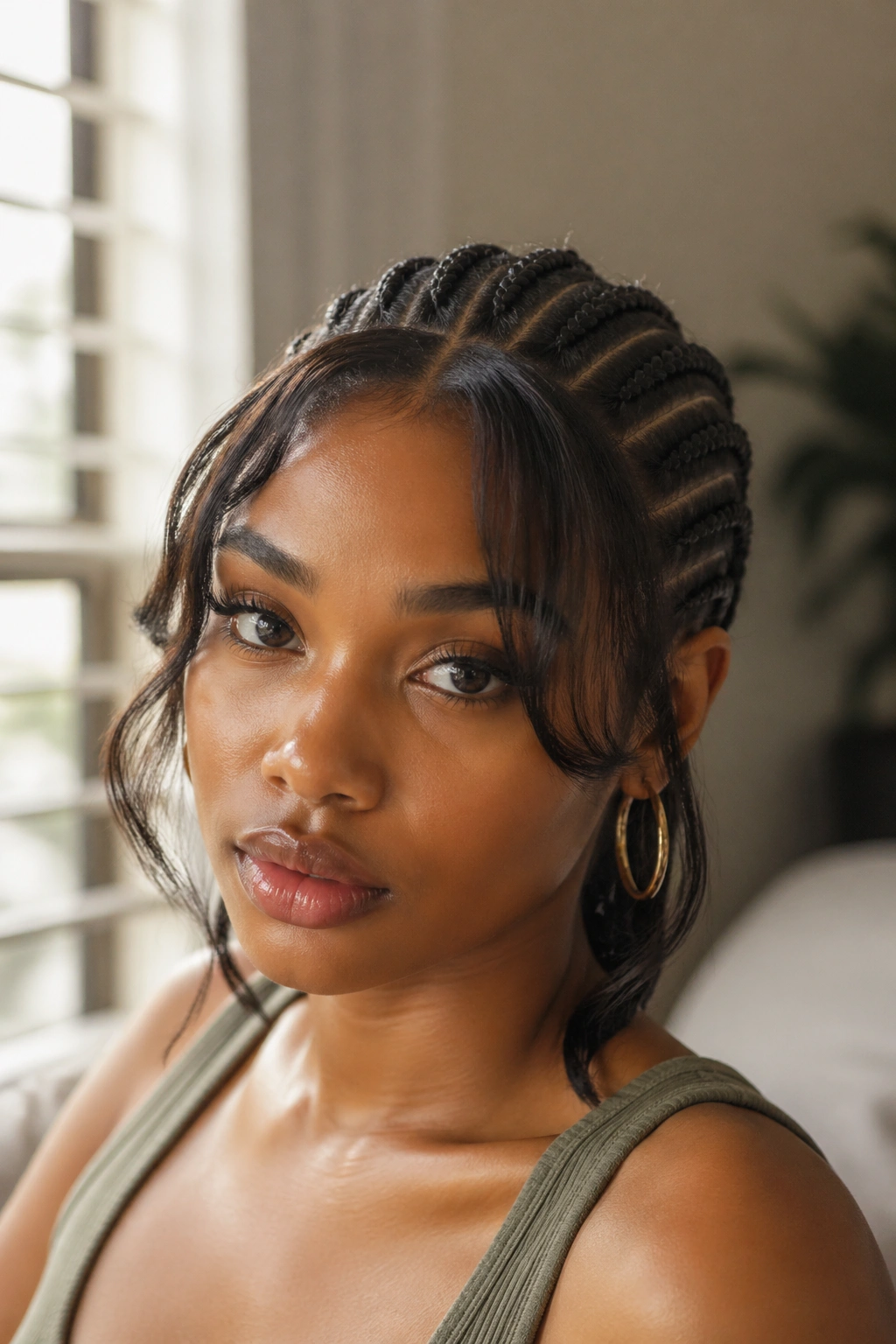 Real woman with cornrows and loose curtain bangs framing her face