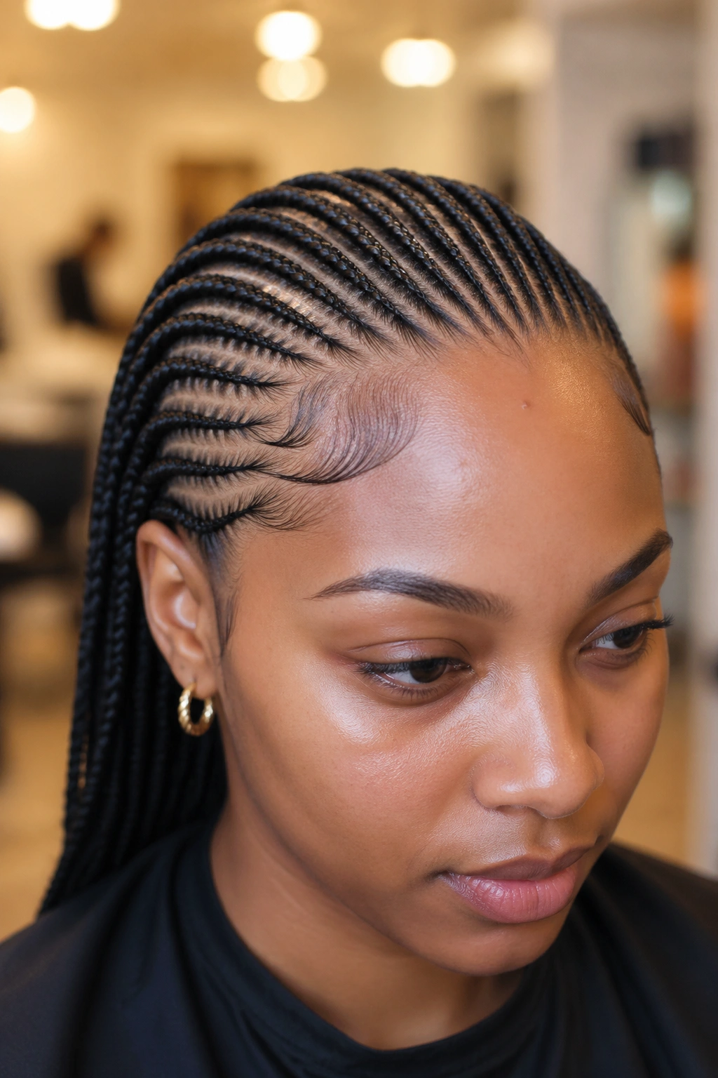 Close-up of curved hairline cornrows on a real woman