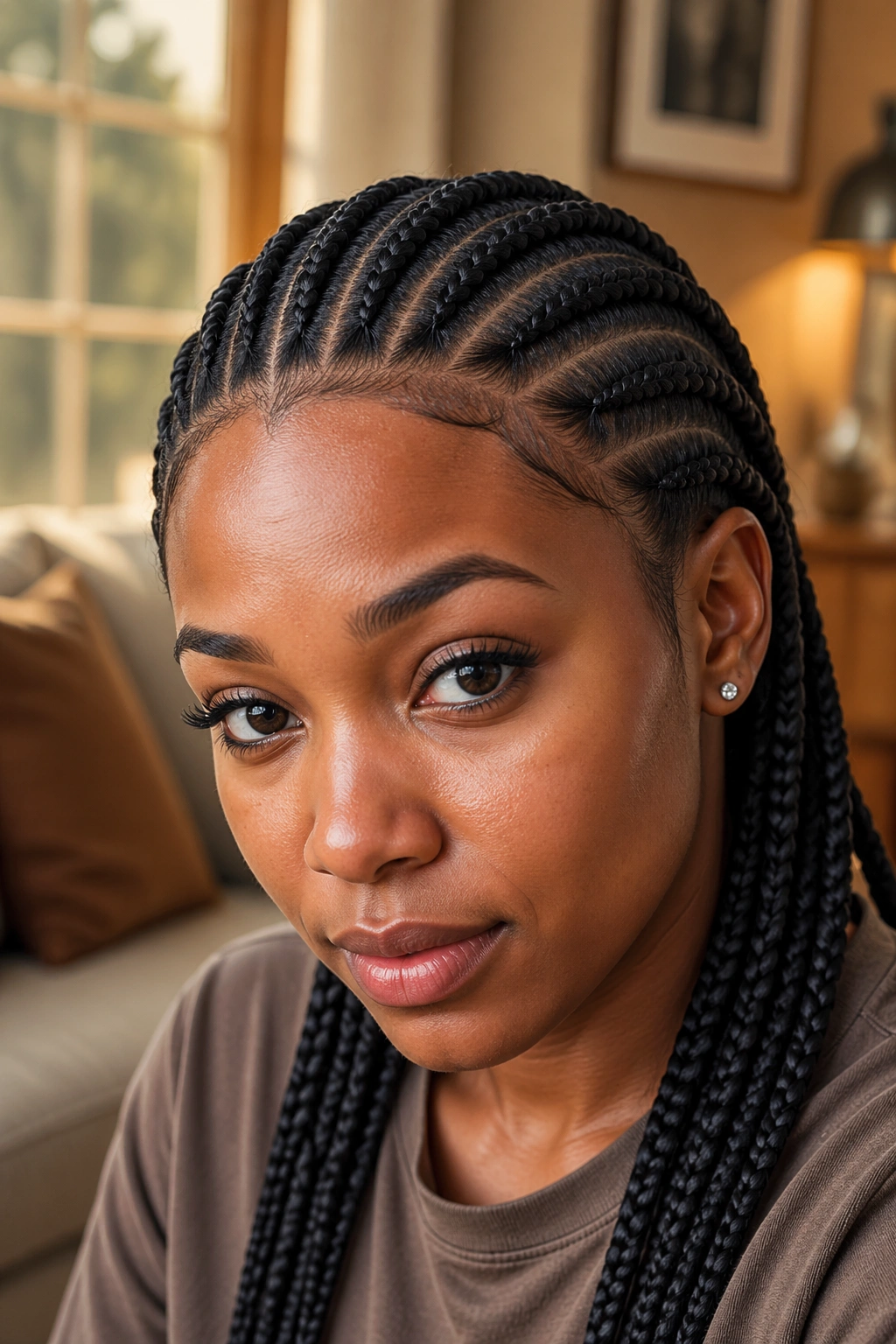 Eight cornrows curved along the hairline on real person, portrait.