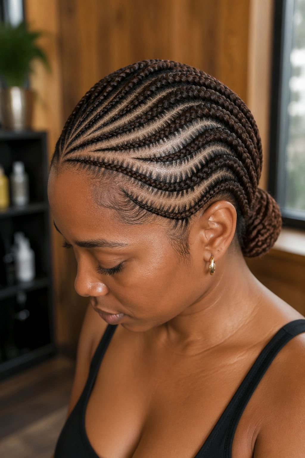 Close-up of a real person with cocoa brown curved-path cornrows.