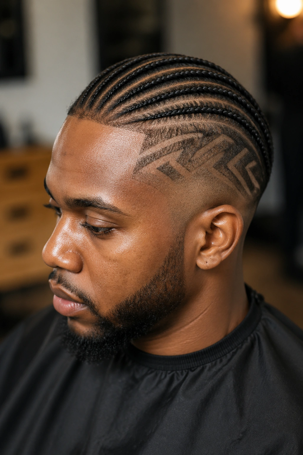 Curved cornrows with geometric shave design on a real person