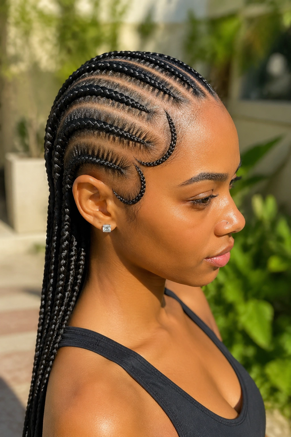 Portrait of a real person with curved temple accents among straight-back cornrows.