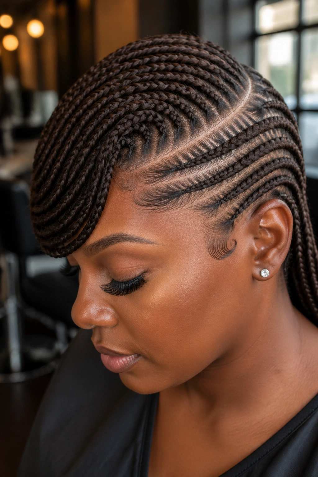 Profile view of dark mocha cornrows with dramatic side swoop.