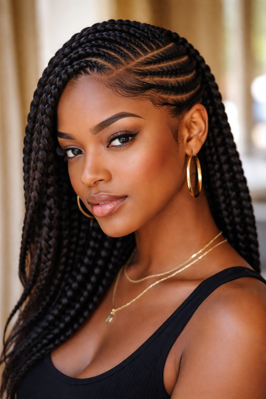 Close-up of a real person with a deep side-part cornrow arrangement