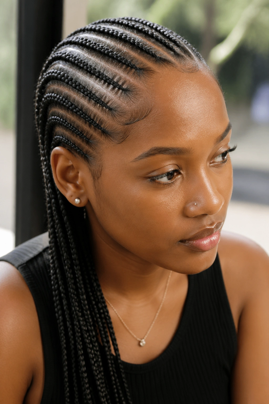 Close-up of a real woman with seven thin cornrows starting from a deep side part above the right ear