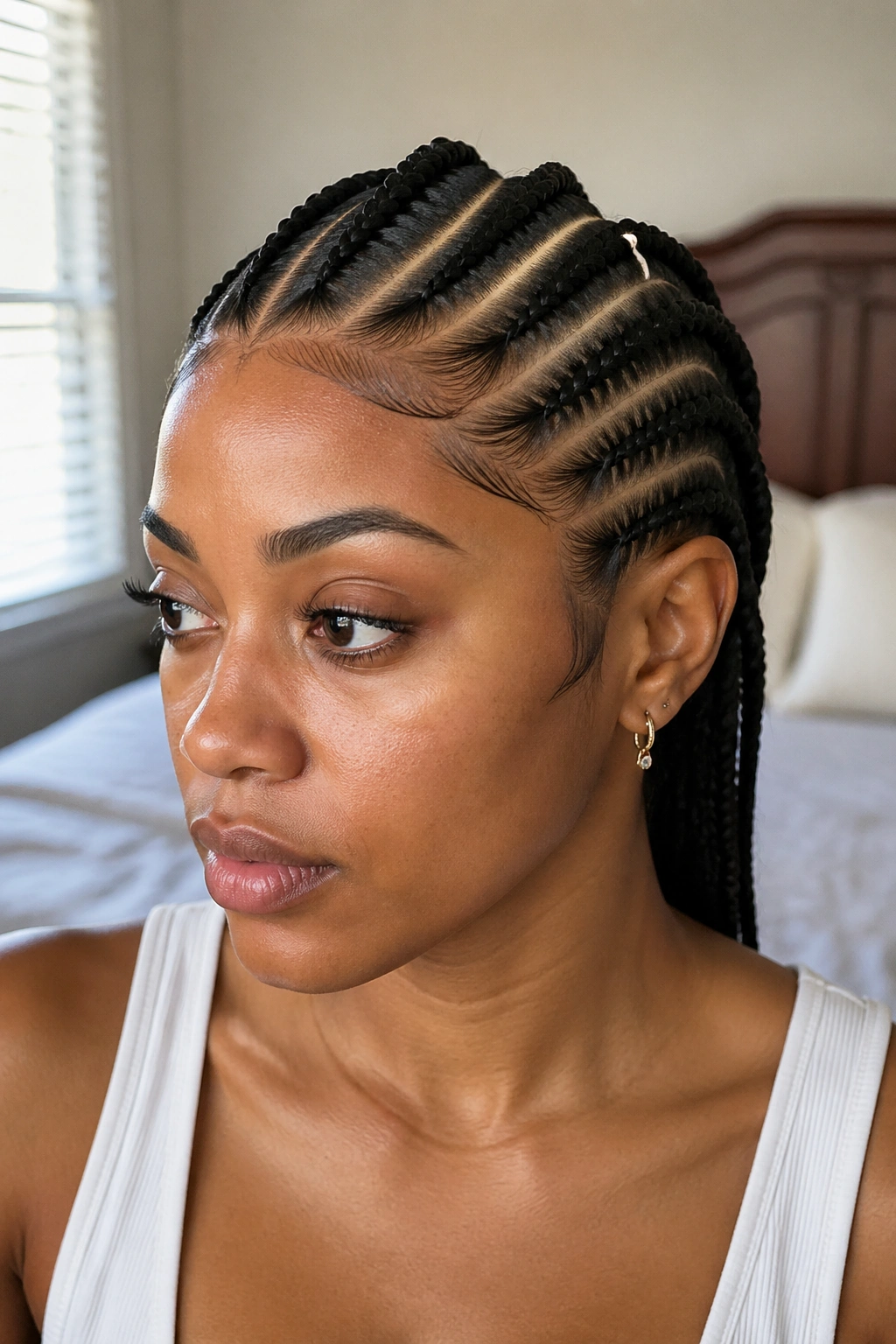 Eight cornrows with a deep side part on a real person; close-up hairstyle portrait.
