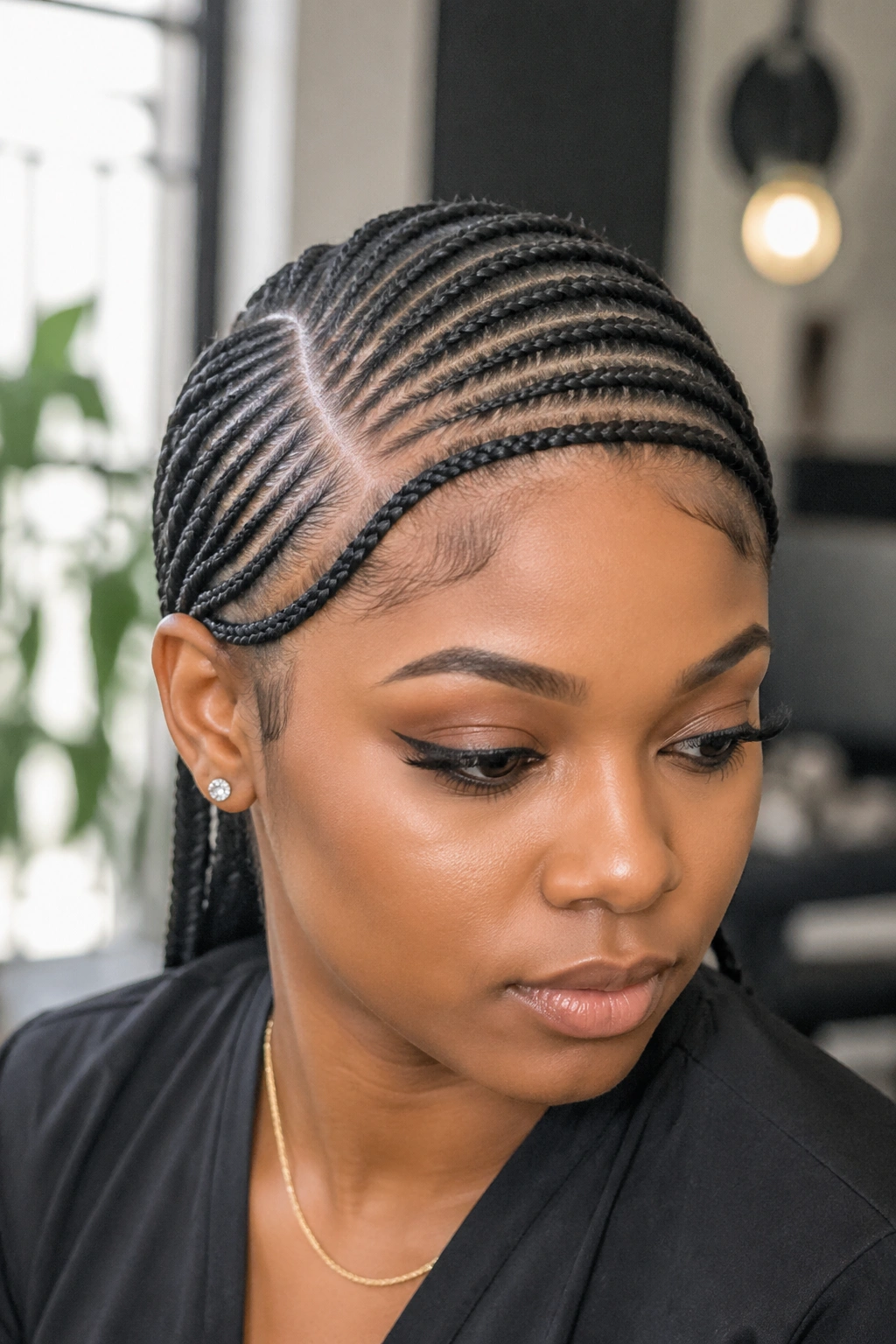 Close-up portrait of a real woman with cornrows featuring a deep side part and swoop braid