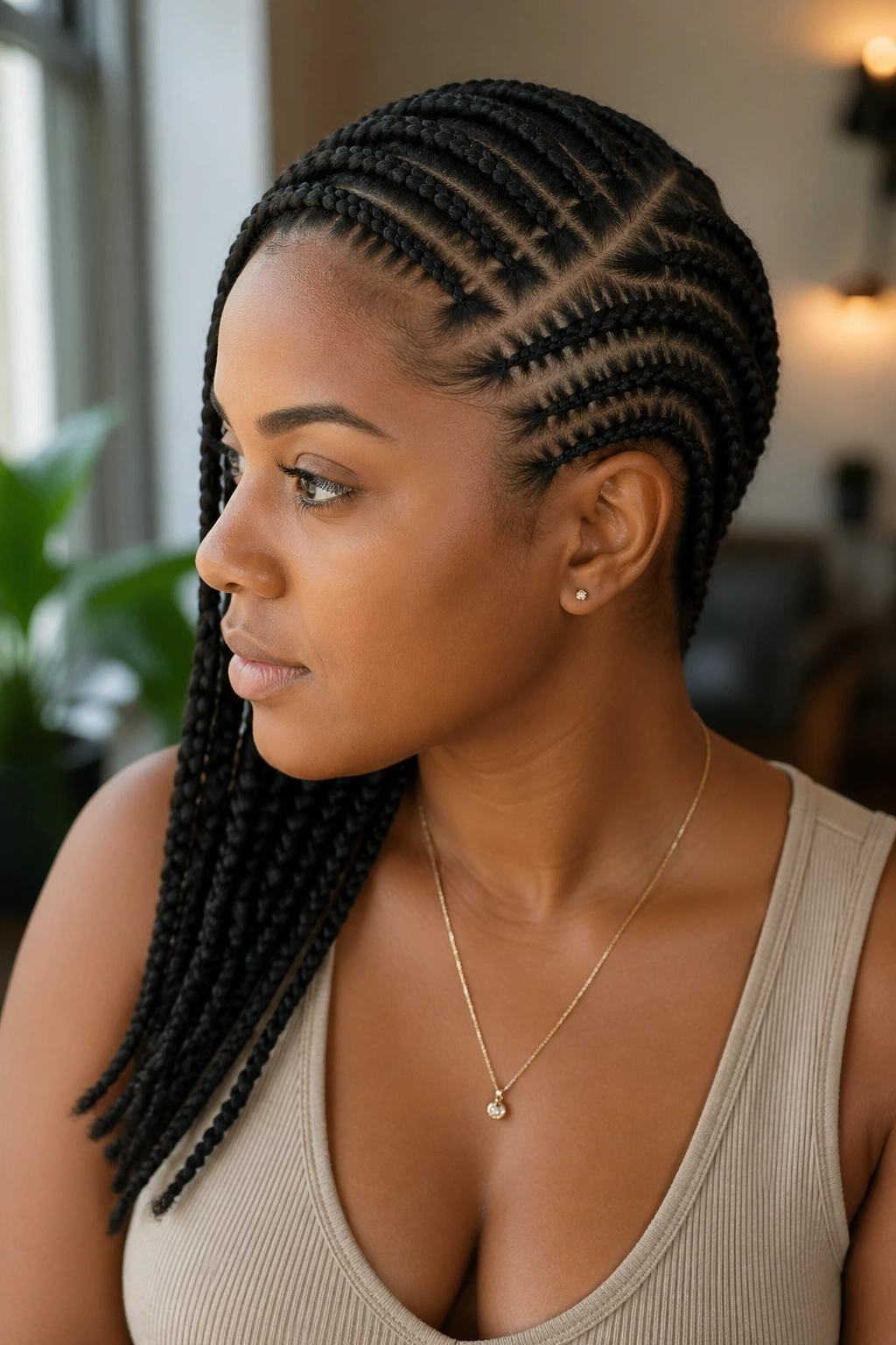 Real person with deep right-part side-swept cornrows diagonally toward the left shoulder