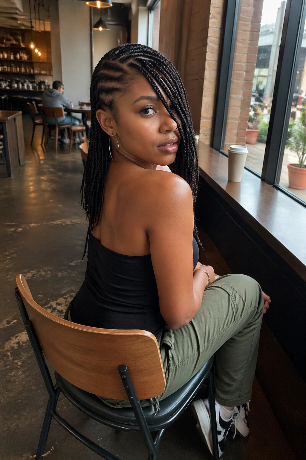Wide cafe scene with deep-side-part cornrows sweeping over one eye.