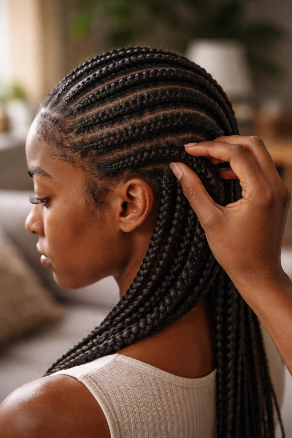 Close-up of real person with cornrows as a hand gently detangles tightened areas