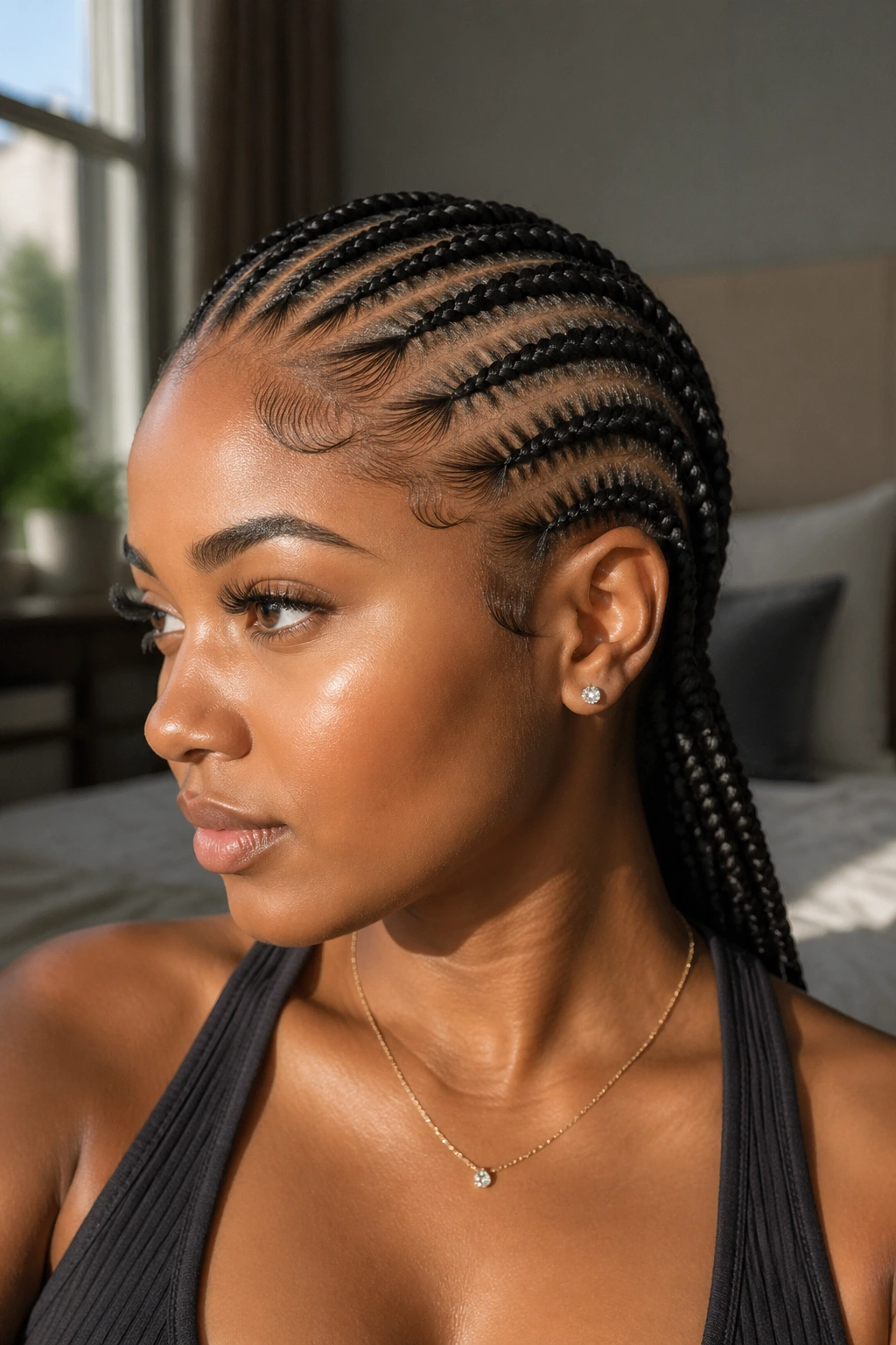 Close-up of diagonal feed-in cornrows on a real woman's head showing a dramatic temple-to-nape line