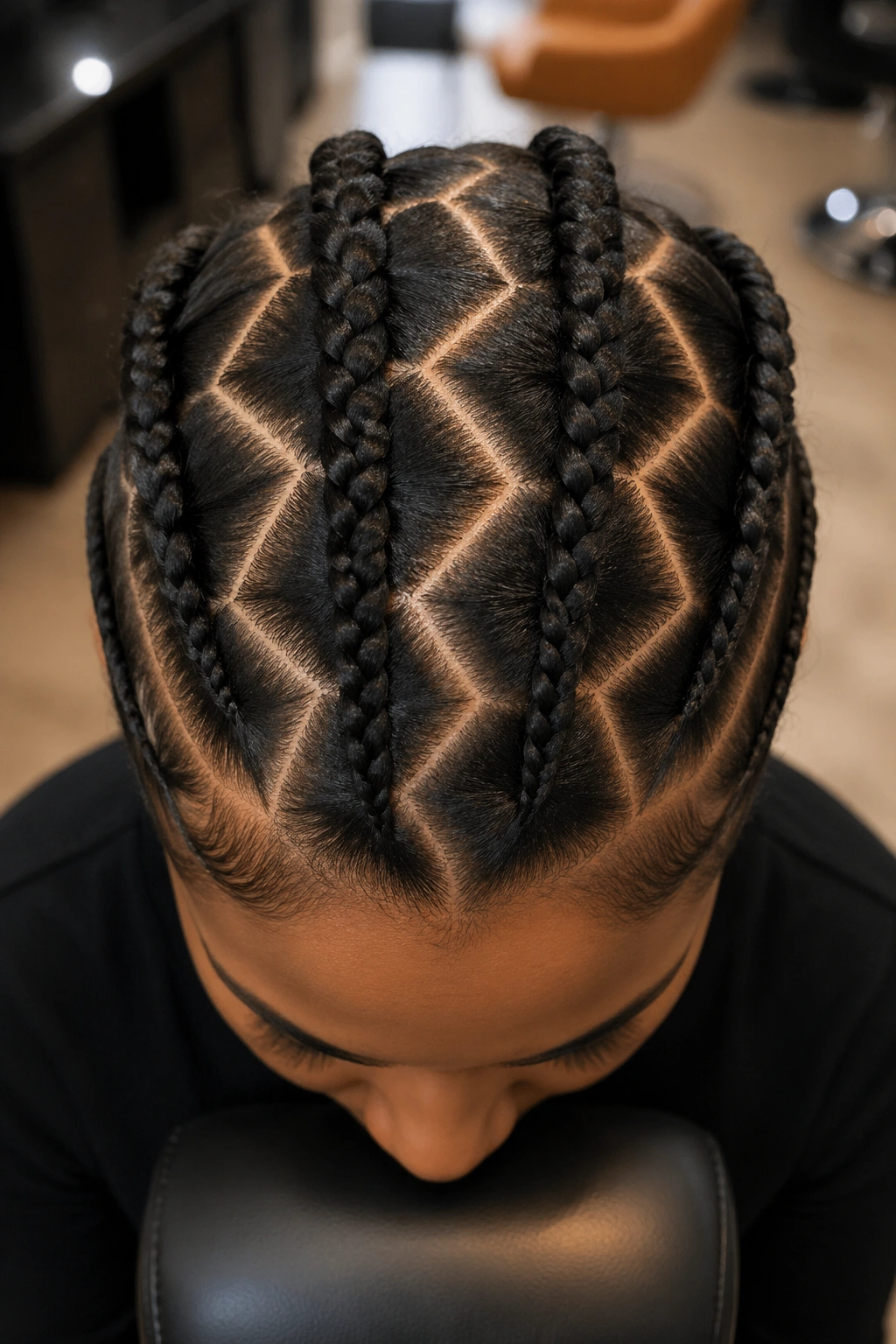 Overhead close-up of a real person with diamond part cornrows