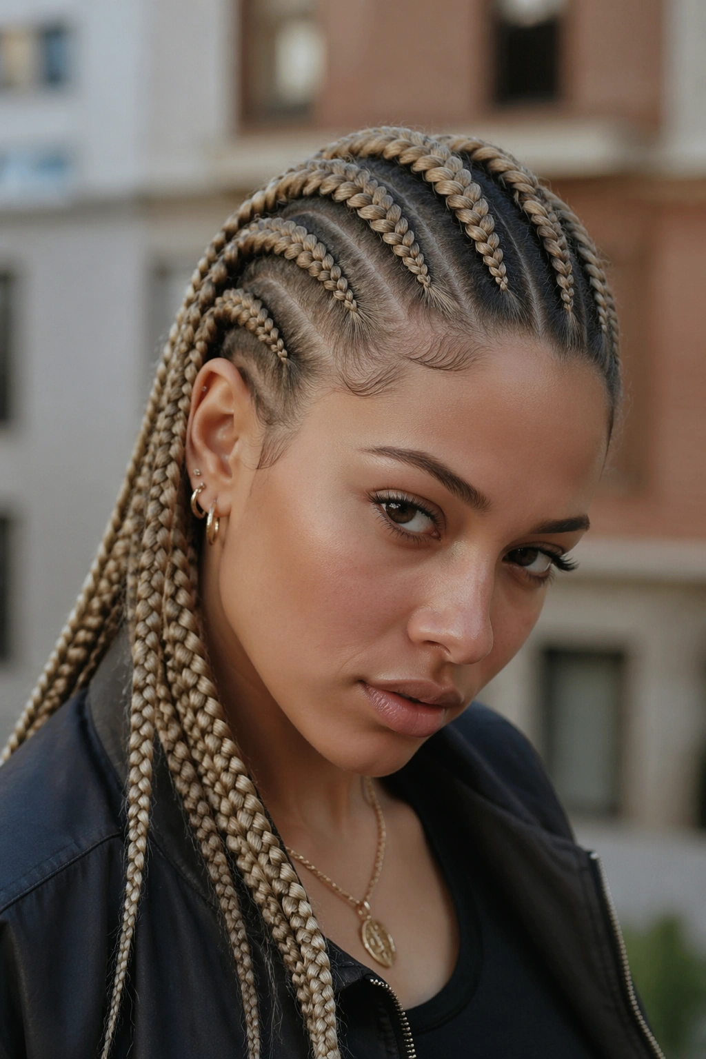 Close-up of a real person with dirty blonde cornrows and dark roots