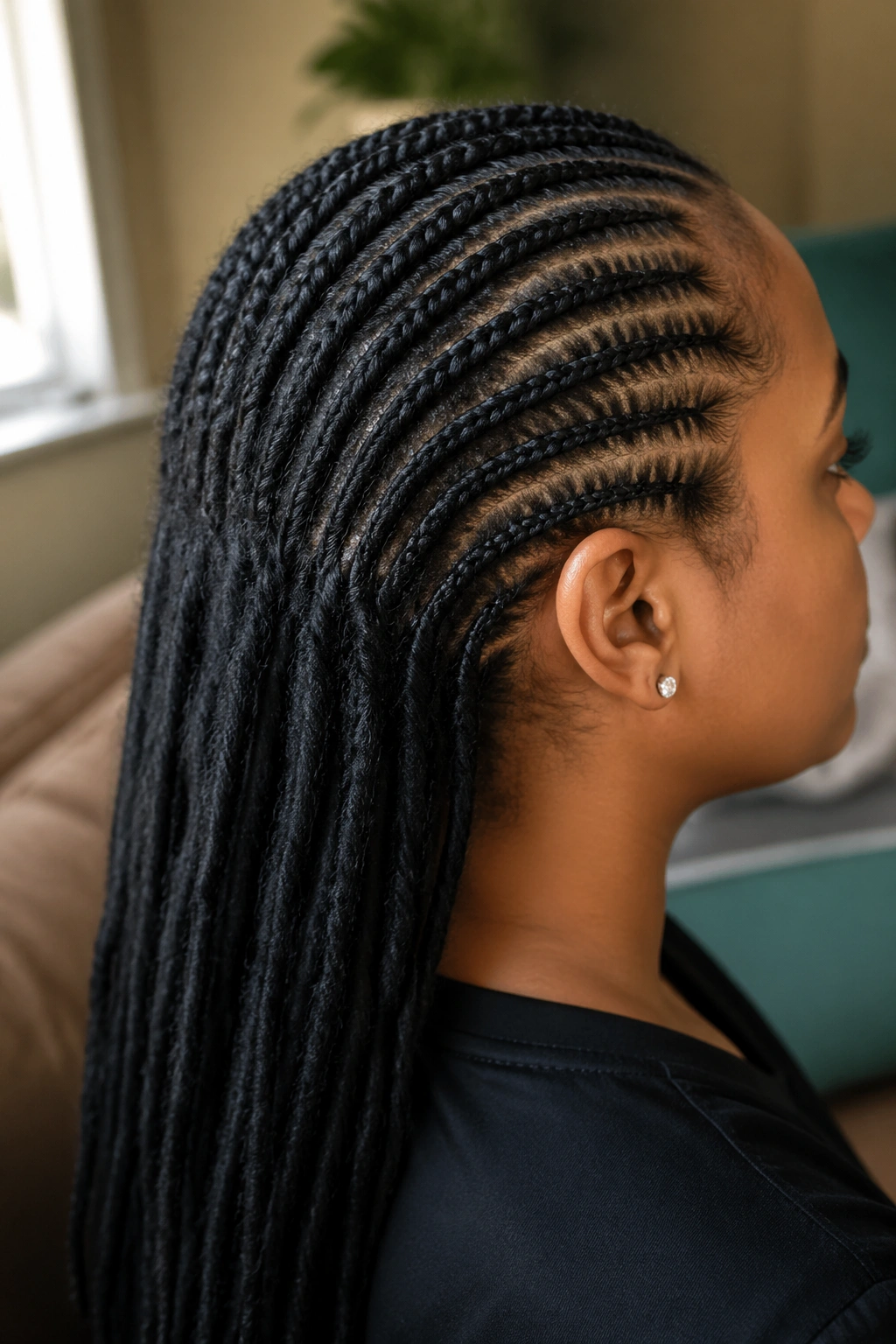 Close-up profile of a person with cornrows transitioning into dreadlocks at the back of the head.