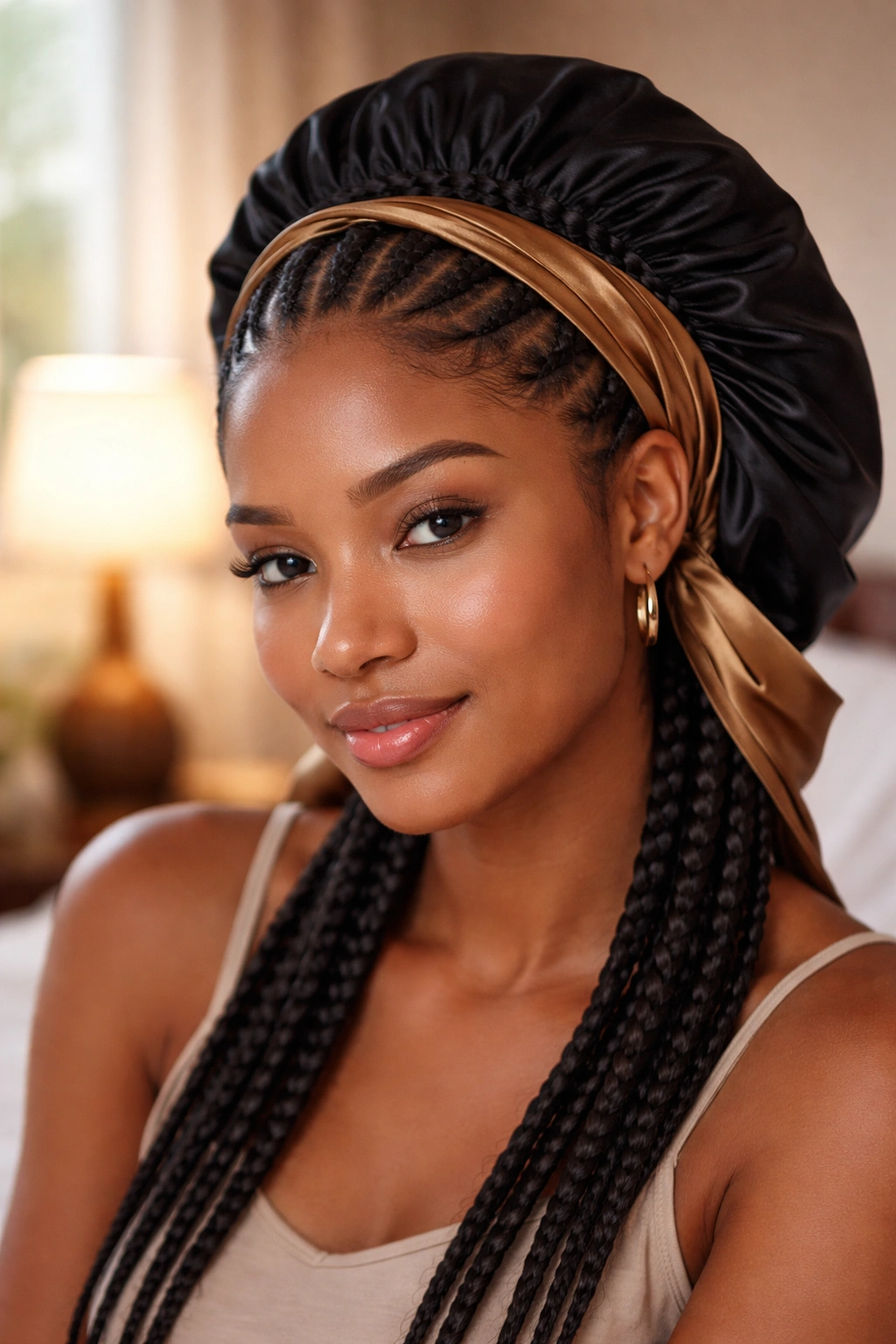 Close-up of a real woman with cornrows and silk scarf in a bedroom for nightly edge refresh
