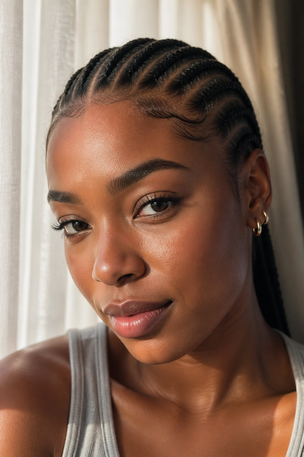 Close-up of a real woman with neat all-back cornrows and smooth edges in soft morning light