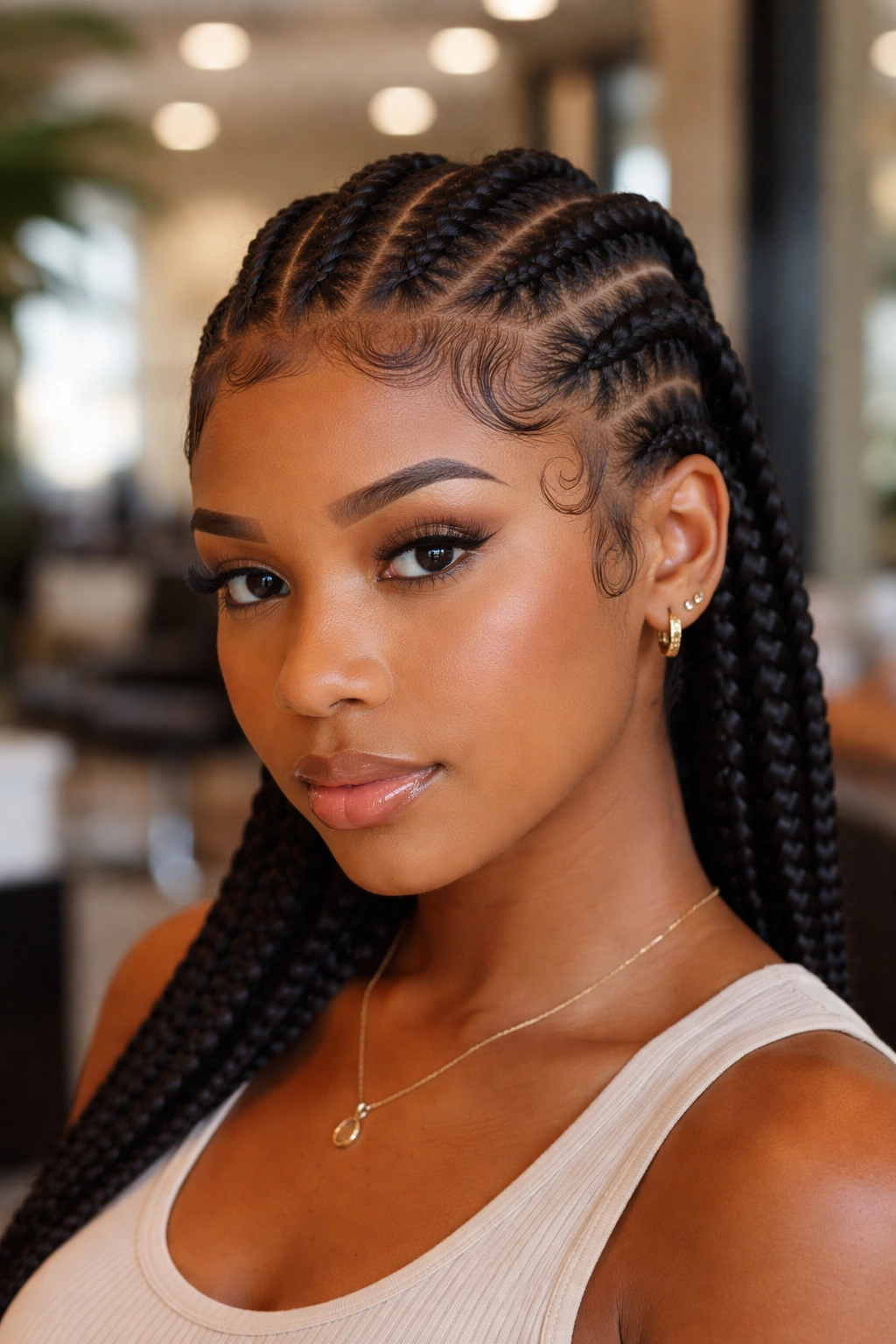 Close-up of a real woman with six straight-back cornrows and sculpted edge designs