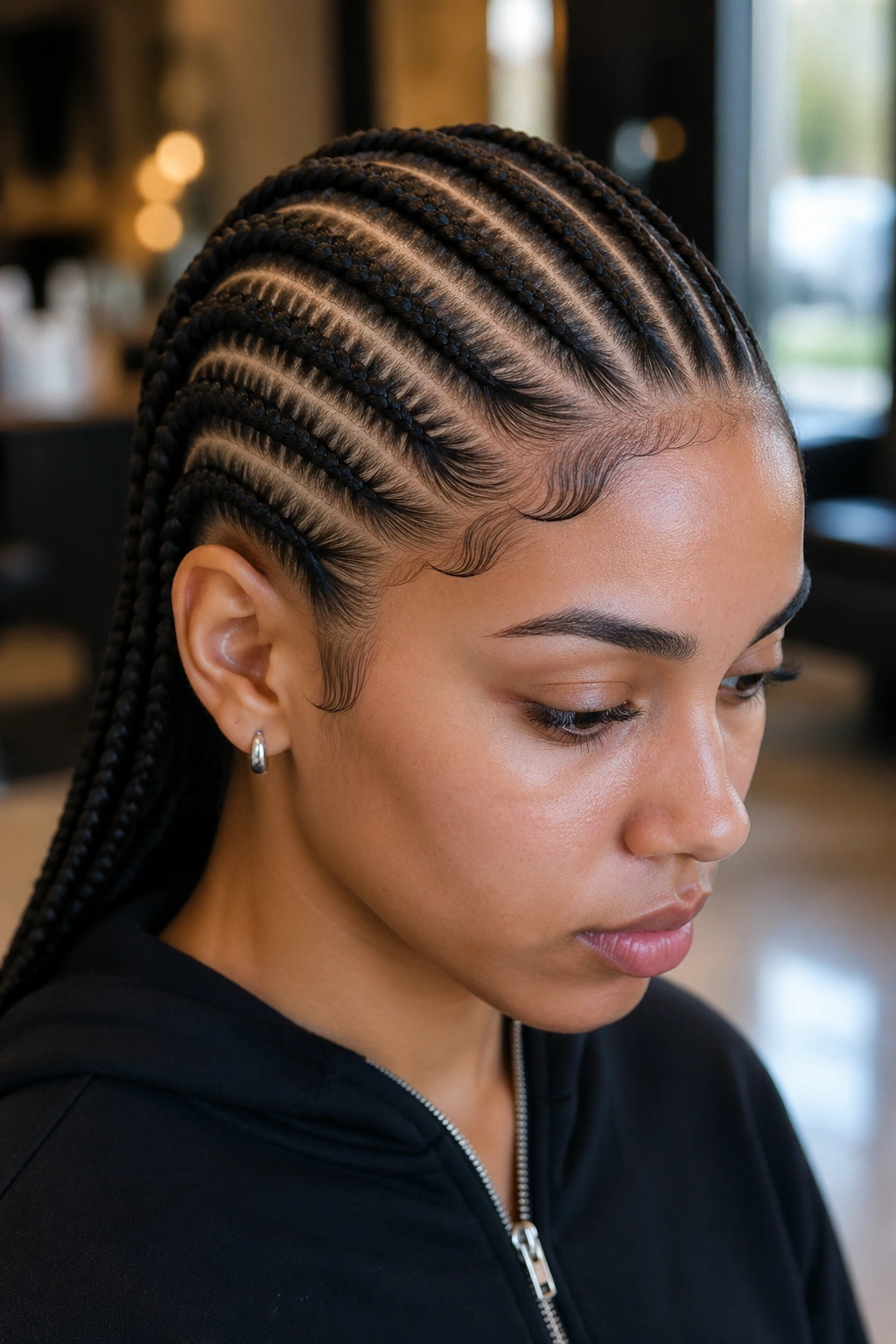 Close-up of ten tight straight-back cornrows with laid edges on a real person.