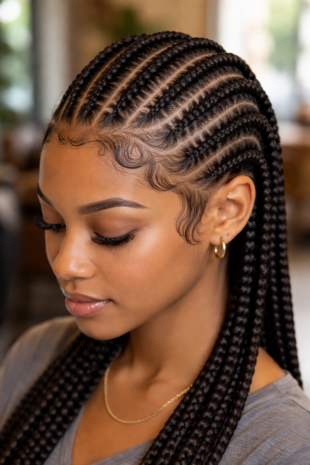 Close-up of a real person with straight-back cornrows and elaborate edge designs along the hairline