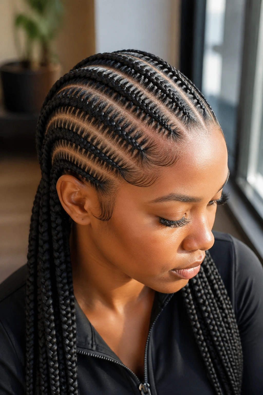 Close-up of a real person with eight needle cornrows and stitch detail.